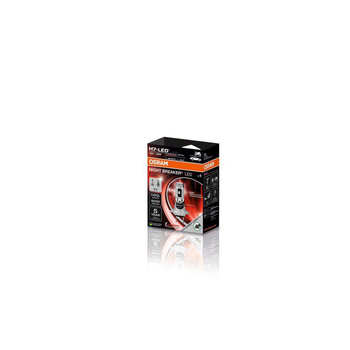 Eine schwarz-orange OSRAM-Box mit einem Bild einer Glühbirne, Text 'NIGHT BREAKER LED'.