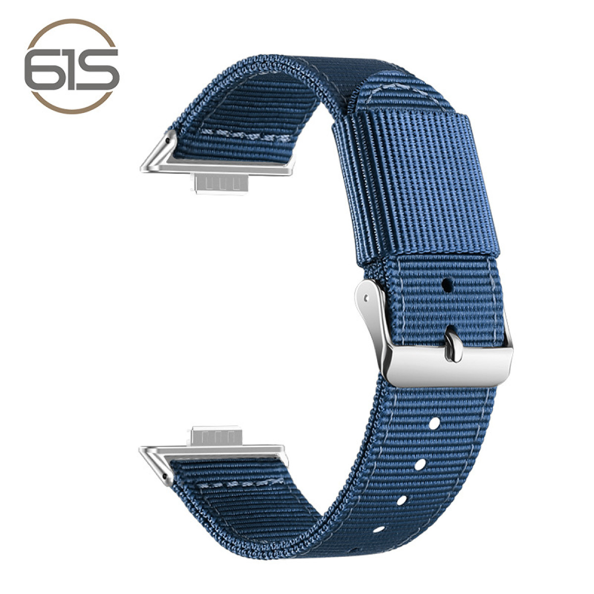 Marineblaues Uhrenarmband mit silberner Schnalle und Metallverbindern. Das Armband besteht aus gewebtem Nylon.
