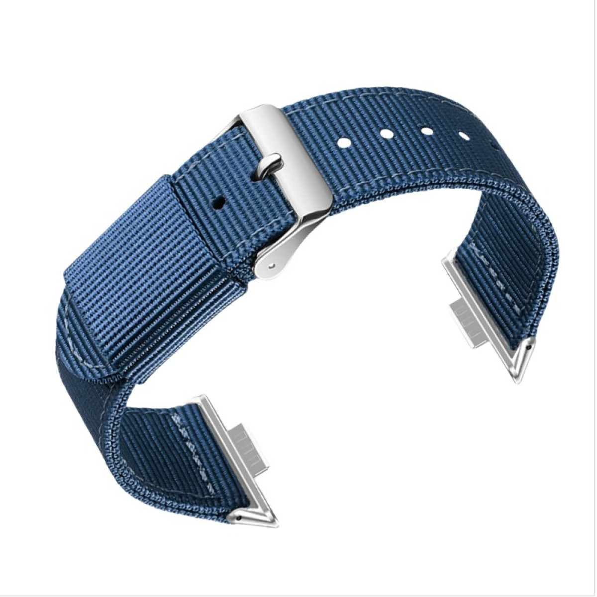 Ein blaues Uhrenarmband mit silberner Schnalle. Das Armband besteht aus Stoff und hat weiße Nähte.