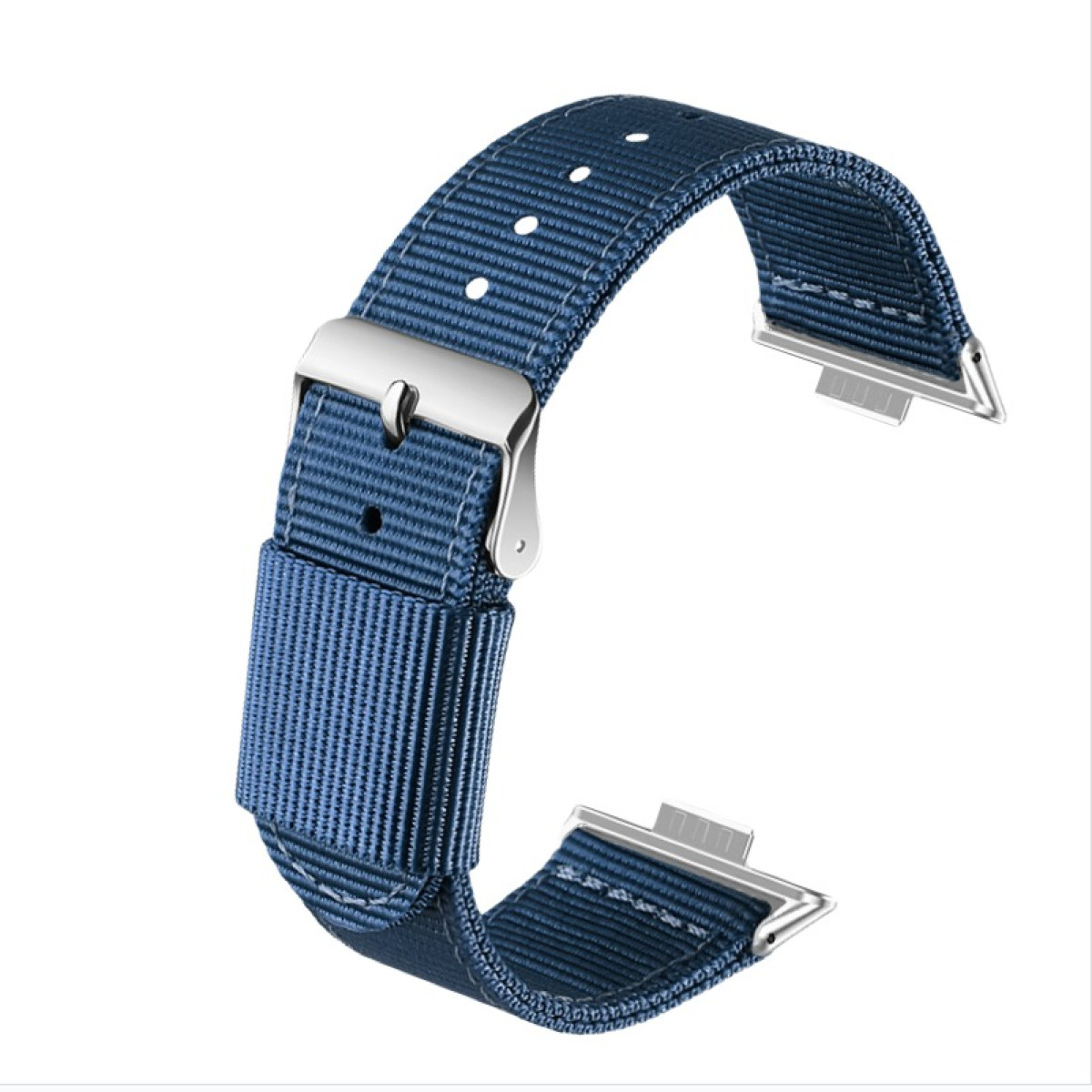 Blaues Uhrenarmband mit silberner Schnalle und silbernen Anschlüssen. Das Armband ist gewebt.
