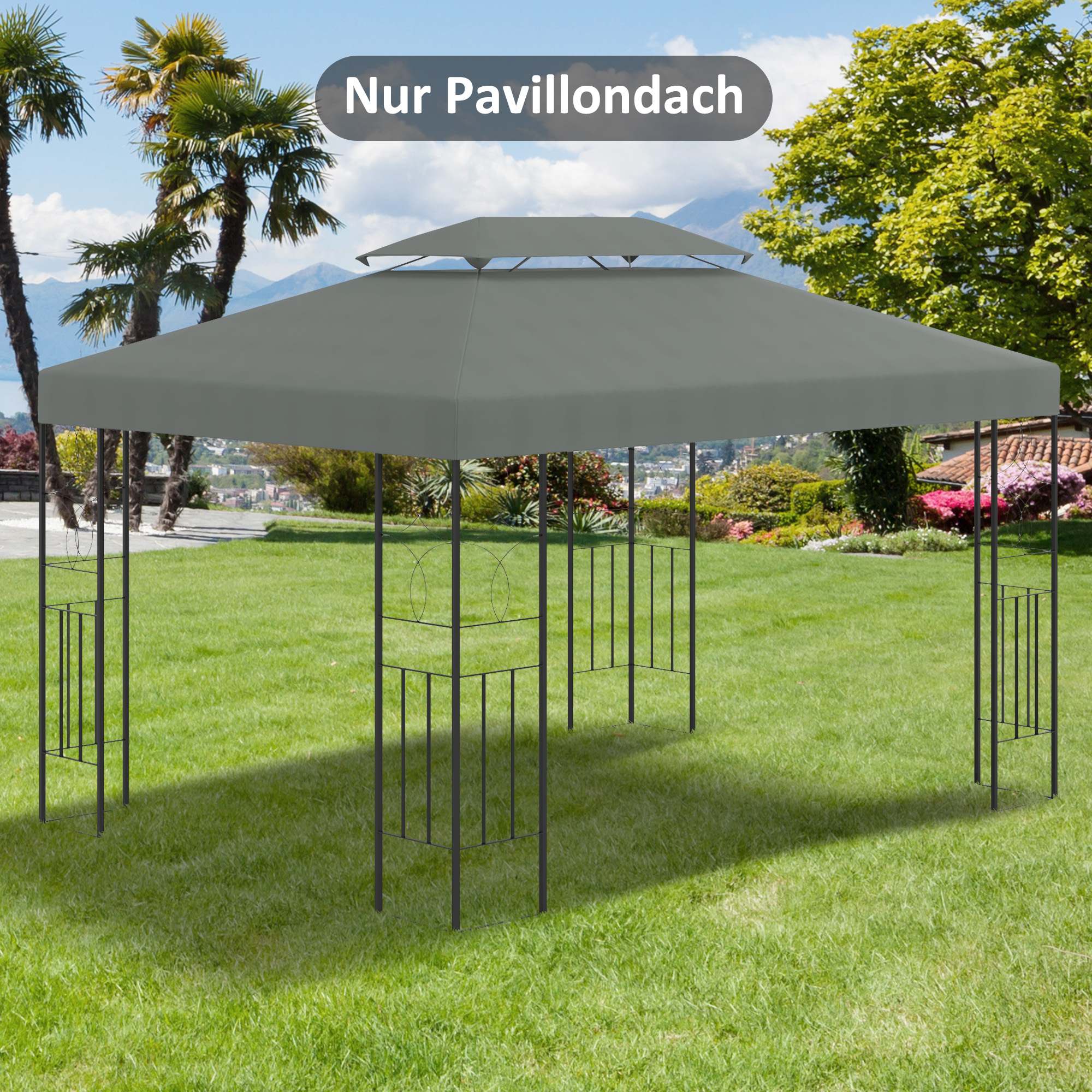 Grauer Pavillon mit Text oben, auf Rasen. Palmen und Grün im Hintergrund.