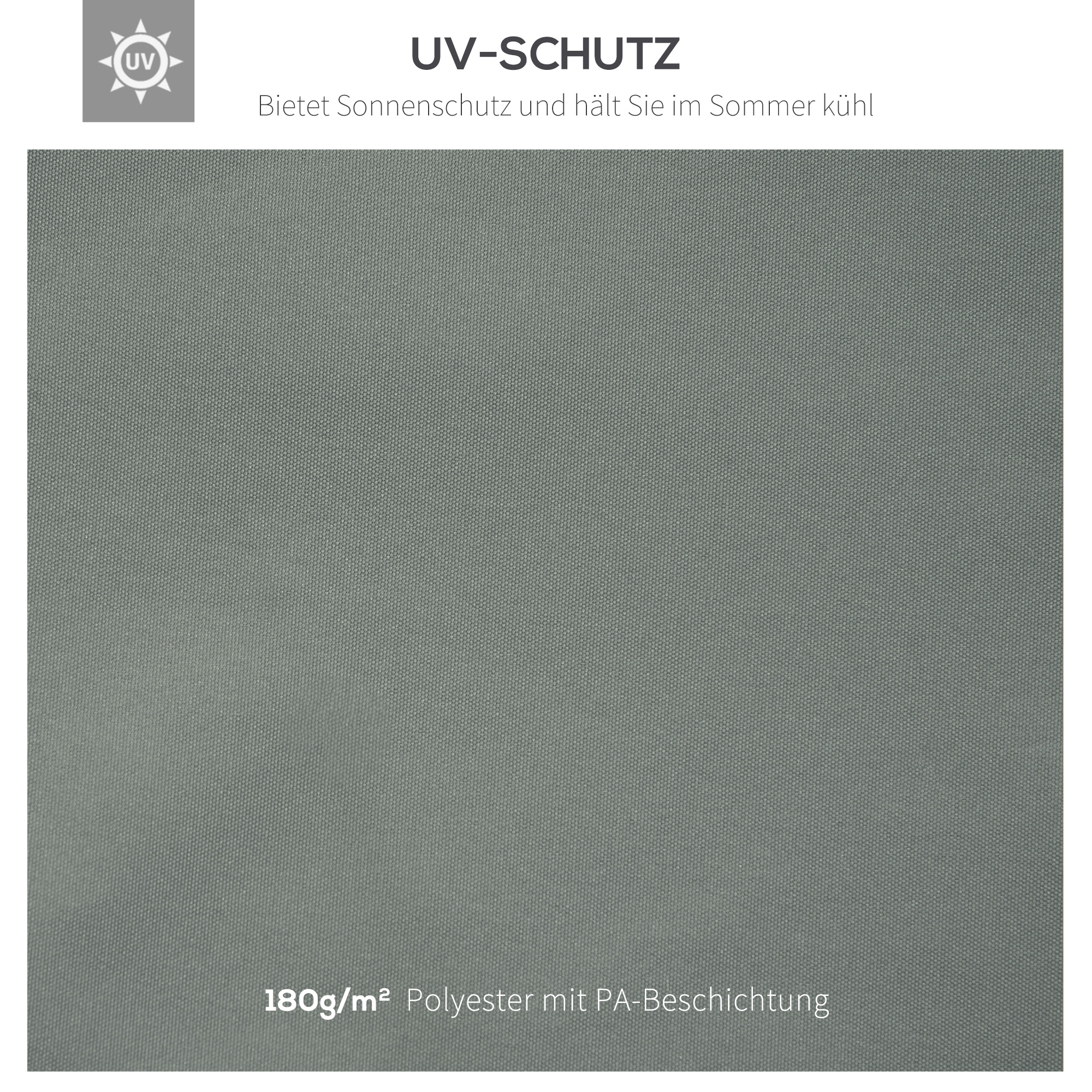 Nahaufnahme grauen Stoffes. Text und UV-Symbol links oben. Details: 180g/m² Polyester mit PA-Beschichtung.