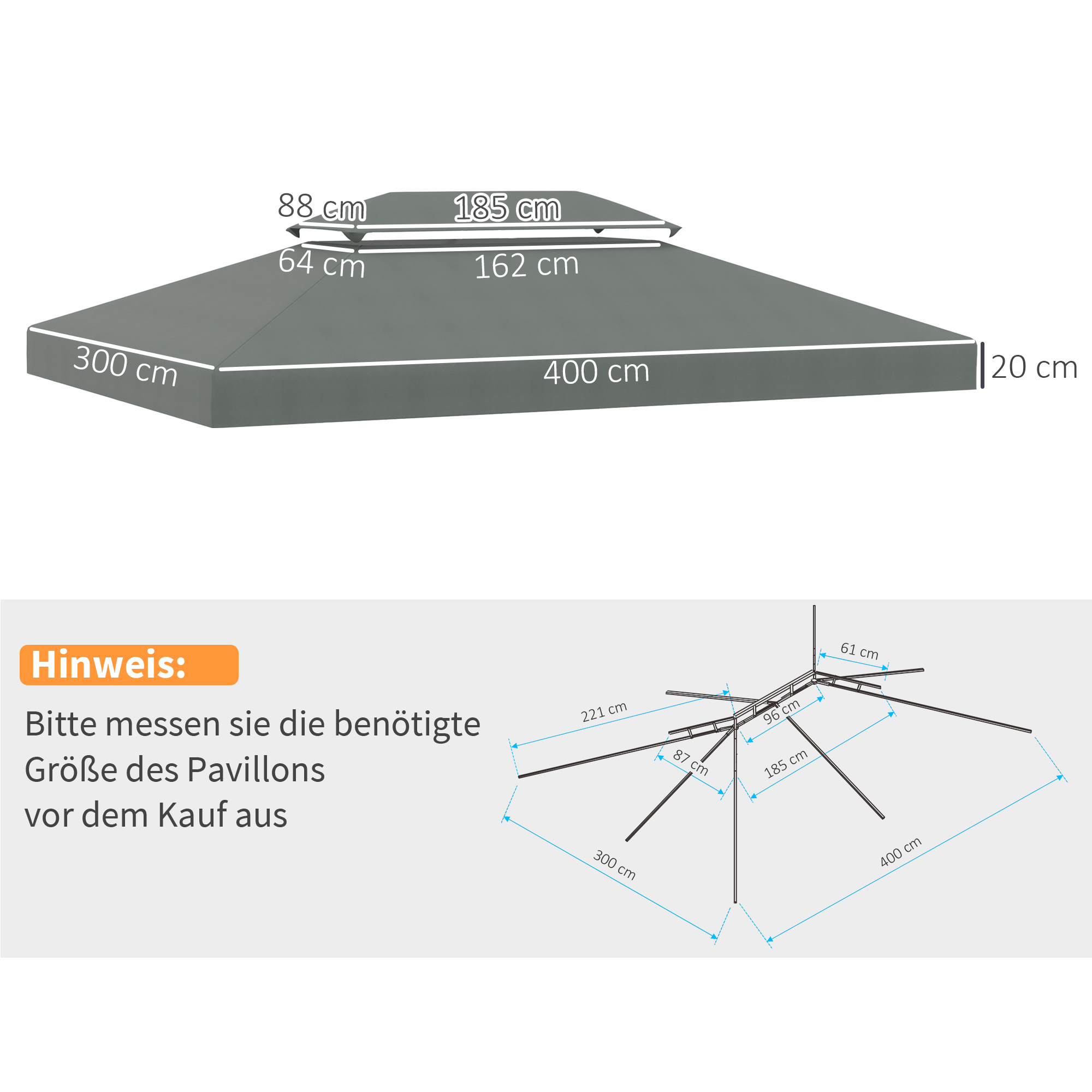 Diagramm mit Abmessungen eines Pavillons, einschließlich Dach und Rahmen. Text auf Deutsch liefert Anweisungen.