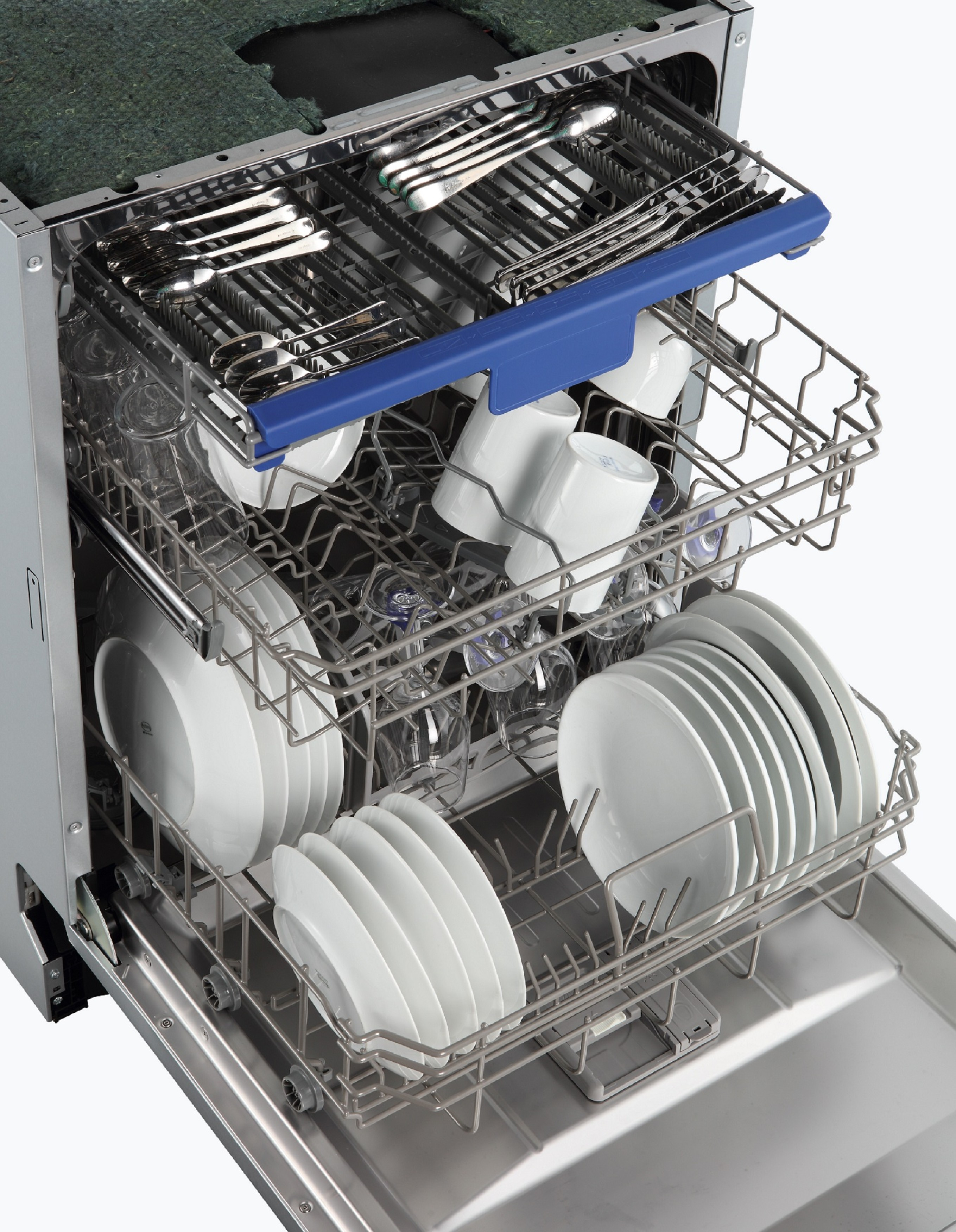 A dishwasher interior with silverware in the top rack and dishes in the lower rack.