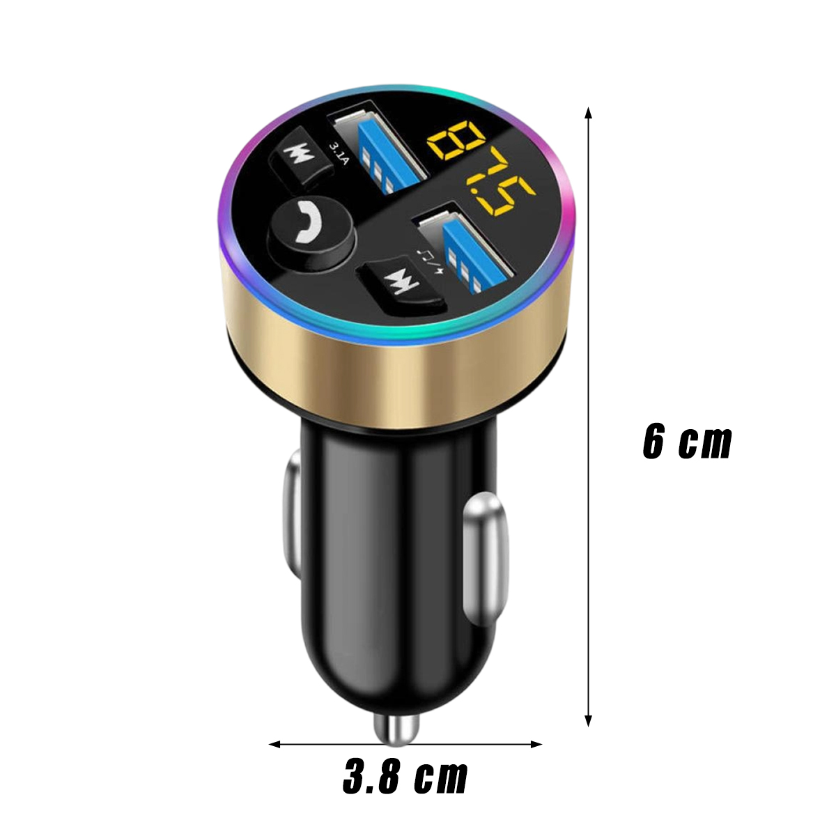 Ein Autoladegerät, schwarz und gold, mit Maßen: 6 cm hoch, 3,8 cm breit.