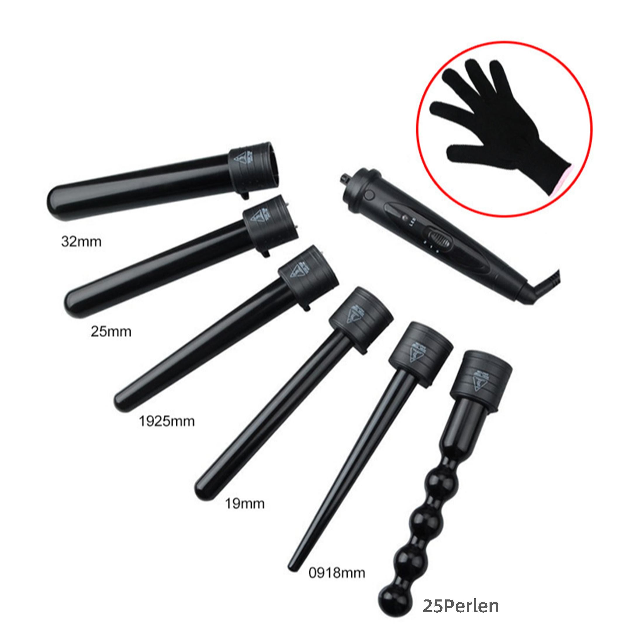 Lockenstab-Set mit mehreren austauschbaren Läufen und einem Handschuh. Weißer Hintergrund.