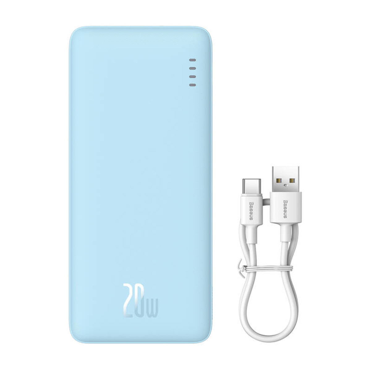 Jasnoniebieski power bank z etykietą 20W, kablem do ładowania i portem USB. Białe tło.