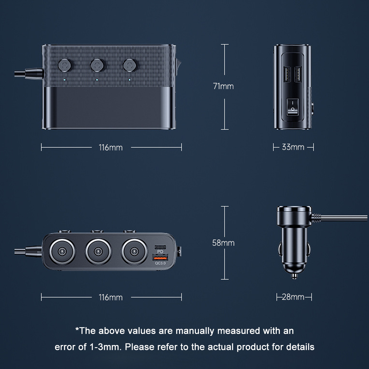 Diagramm eines Auto-Adapters mit Abmessungen in Millimetern. Es zeigt verschiedene Ansichten und Größen.