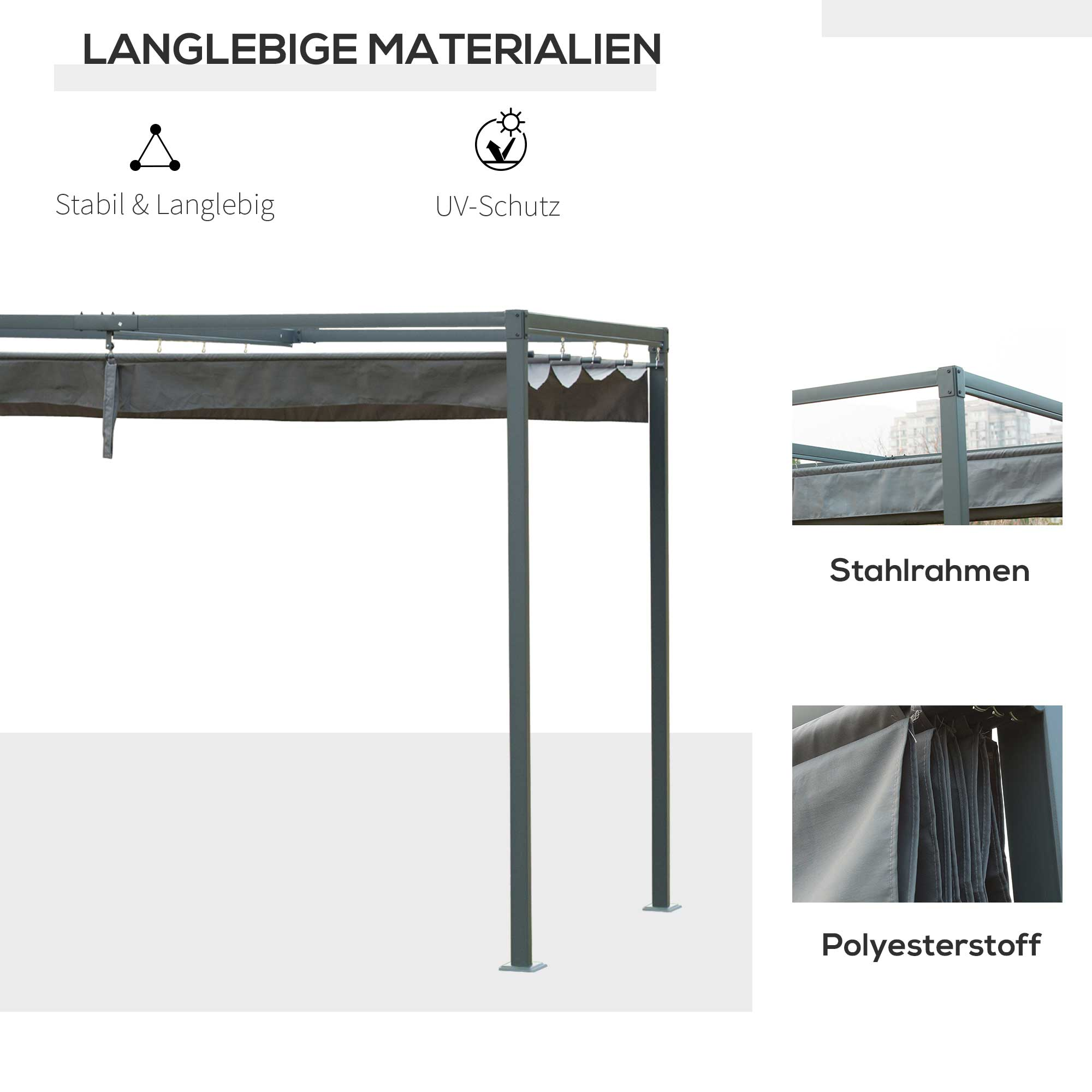 Nahaufnahme der Details einer grauen Pergola, die den Rahmen, das Stoffdach und Etiketten zeigt.