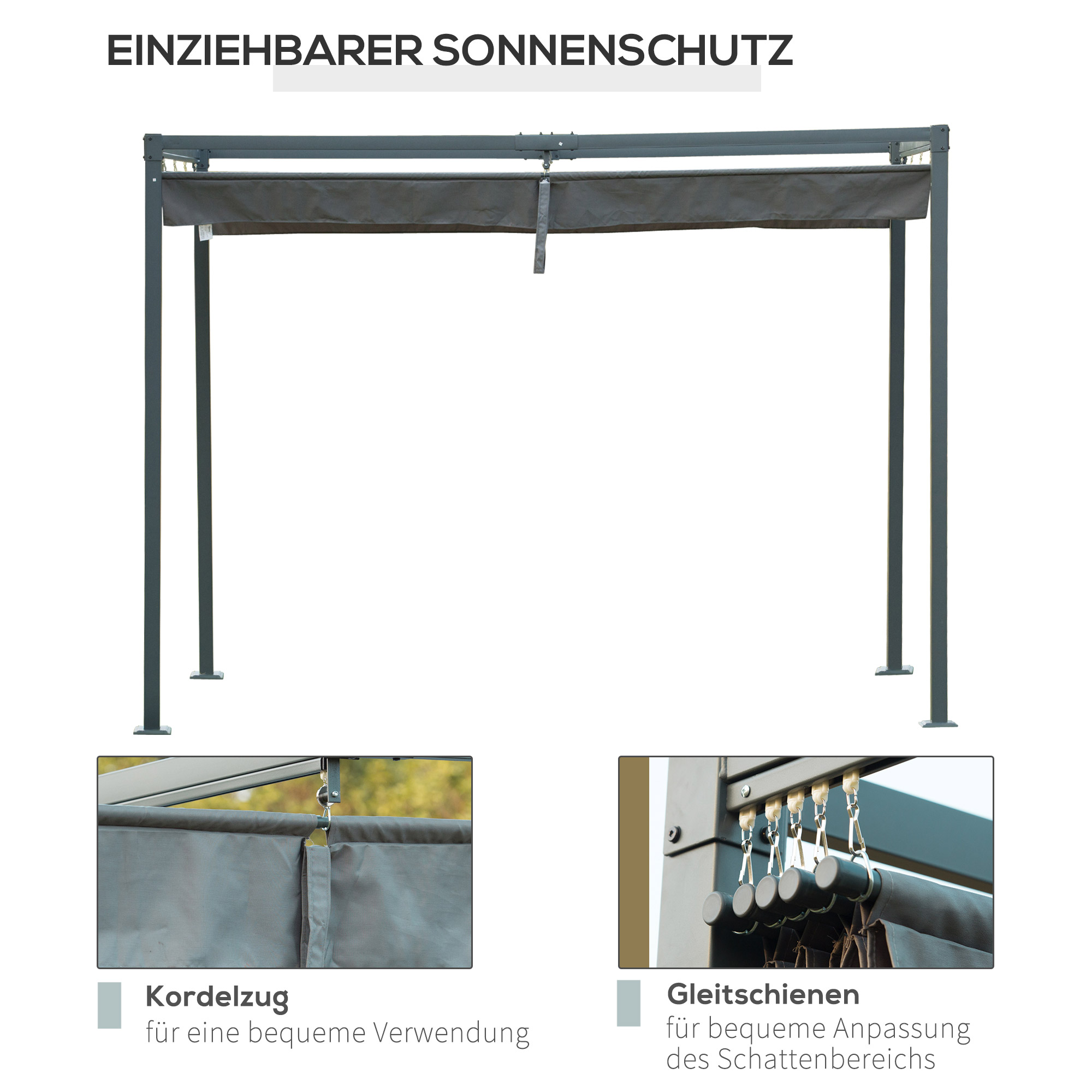Graue Pergola mit einziehbarem Sonnensegel. Nahaufnahmen zeigen die Kordel und die Schienen. Text: 'Einziehbarer Sonnenschutz'.