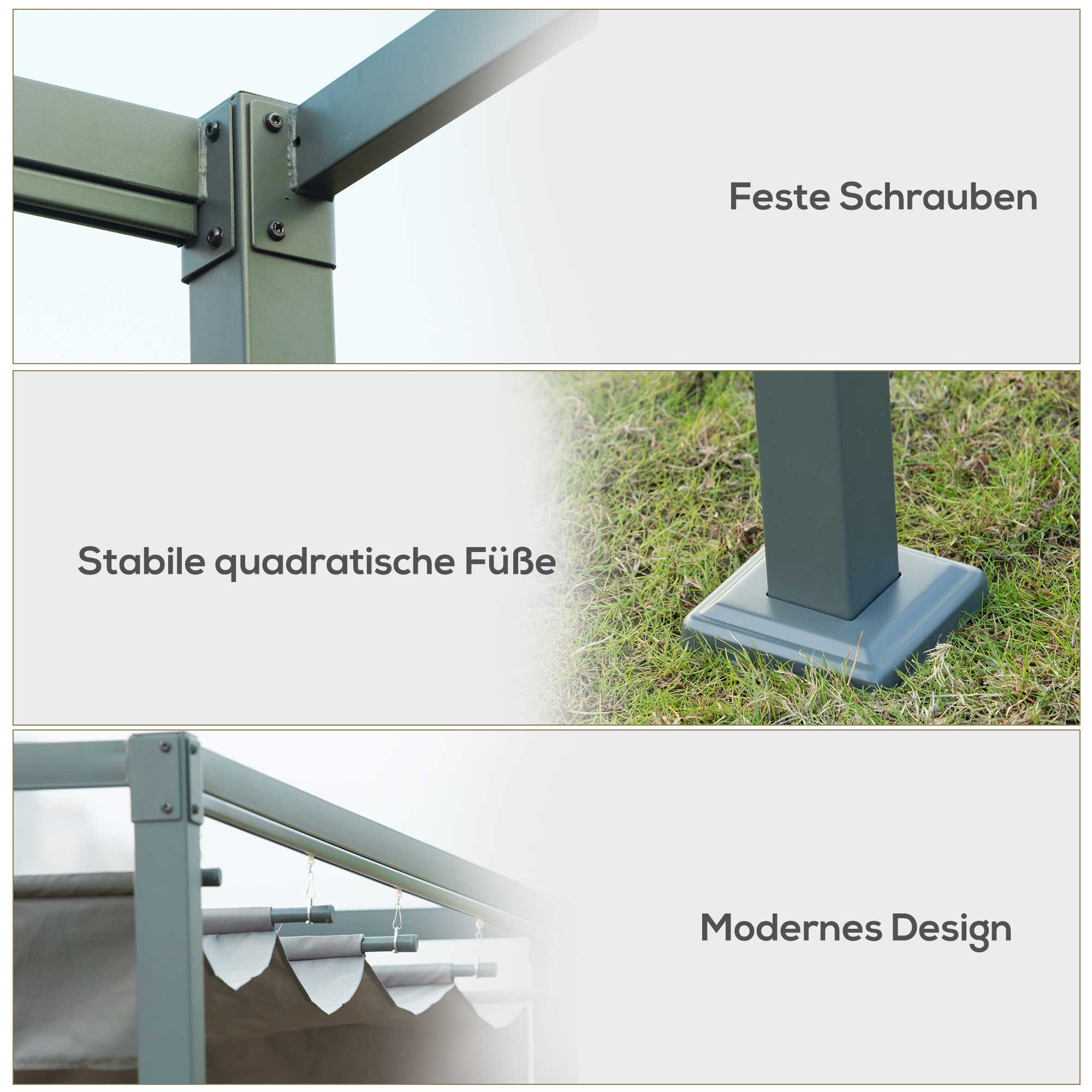 Nahaufnahme der Komponenten einer Struktur: Schrauben, quadratische Füße und moderne Designelemente.