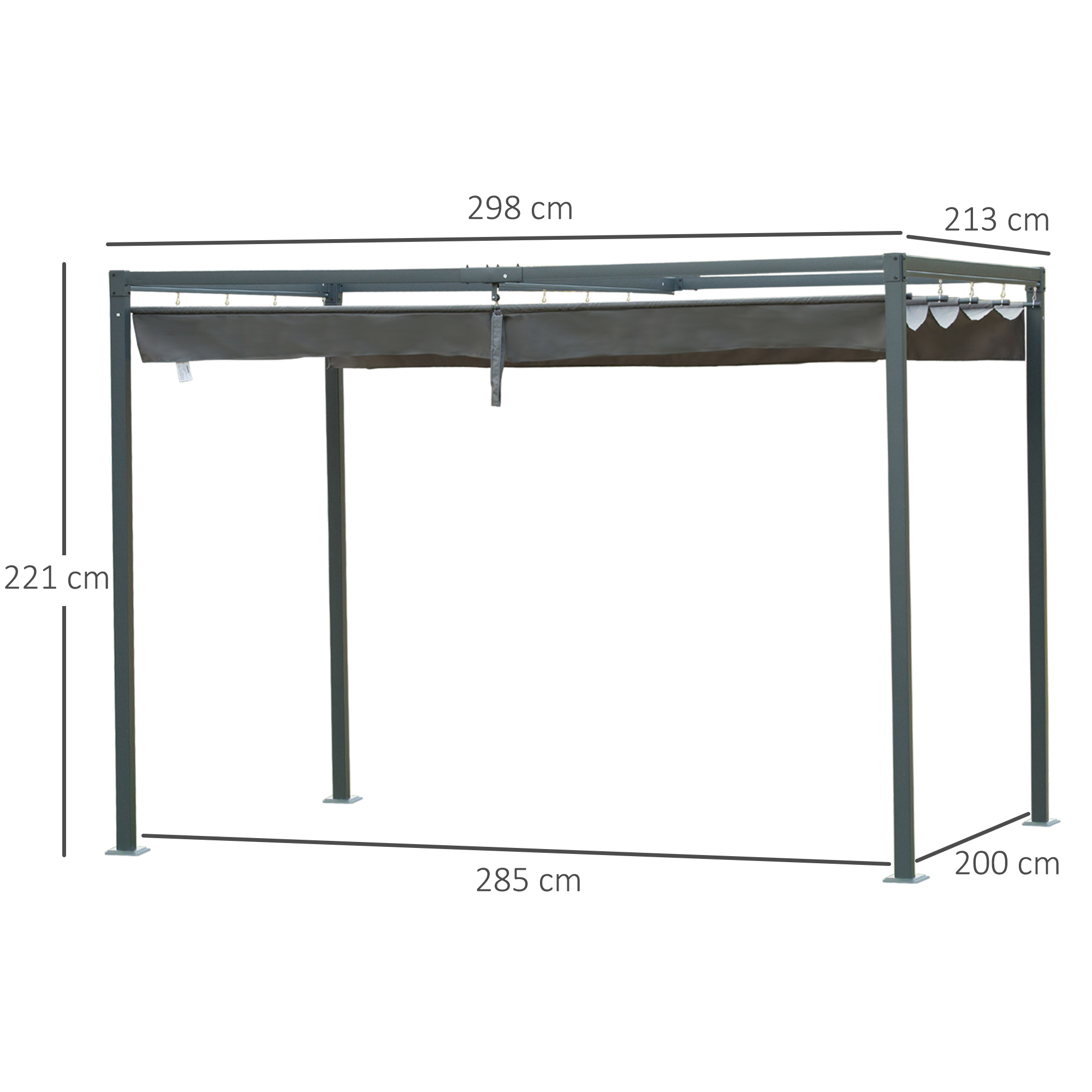 Graue Pergola mit Maßangaben. Die Pergola ist rechteckig. Maße sind in Zentimetern angegeben. Hintergrund ist ein klarer Himmel.