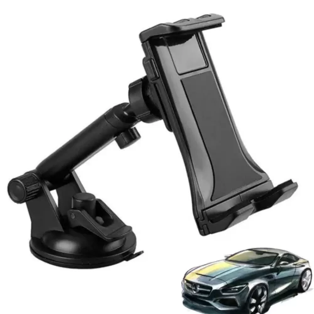 Schwarze Autohalterung für Tablet, mit Auto im Hintergrund. Auf weißem Hintergrund.
