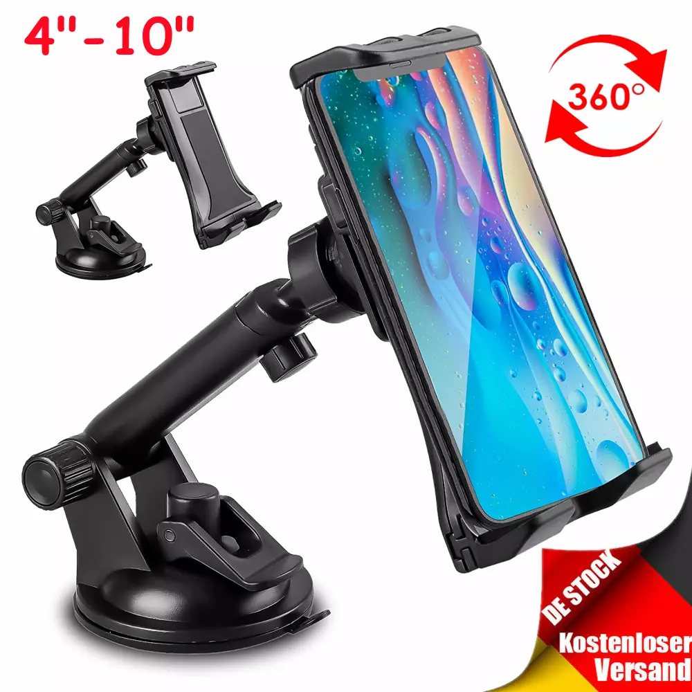 Ein schwarzer Autotelefonhalter mit einem Telefon darin und ein roter Pfeil, der eine 360-Grad-Drehung anzeigt.