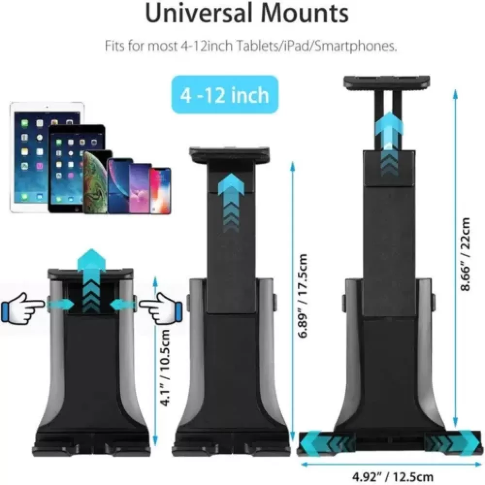 Drei schwarze universelle Tablethalterungen mit Pfeilen und Größenangaben. Text: Universalhalterungen.