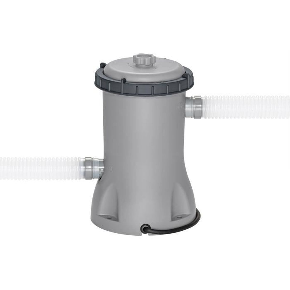 Szary filtr do basenu z dwoma białymi wężami. Ma czarną nasadkę i czarny przewód zasilający.