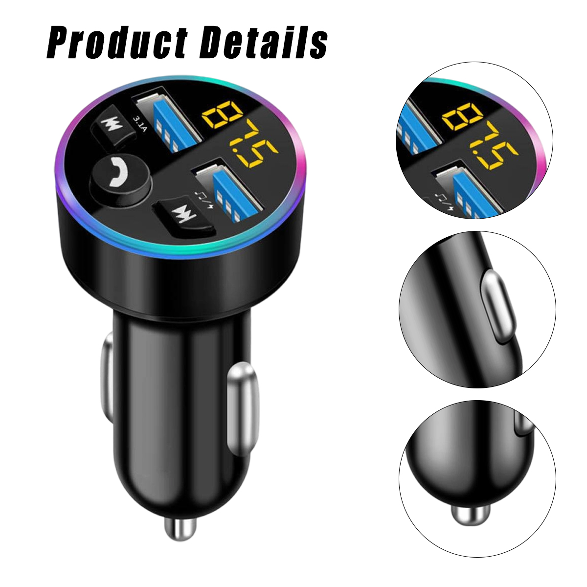 Schwarzes Autoladegerät mit mehrfarbigem LED-Ring. USB-Anschlüsse, Digitalanzeige mit einer Zahl.