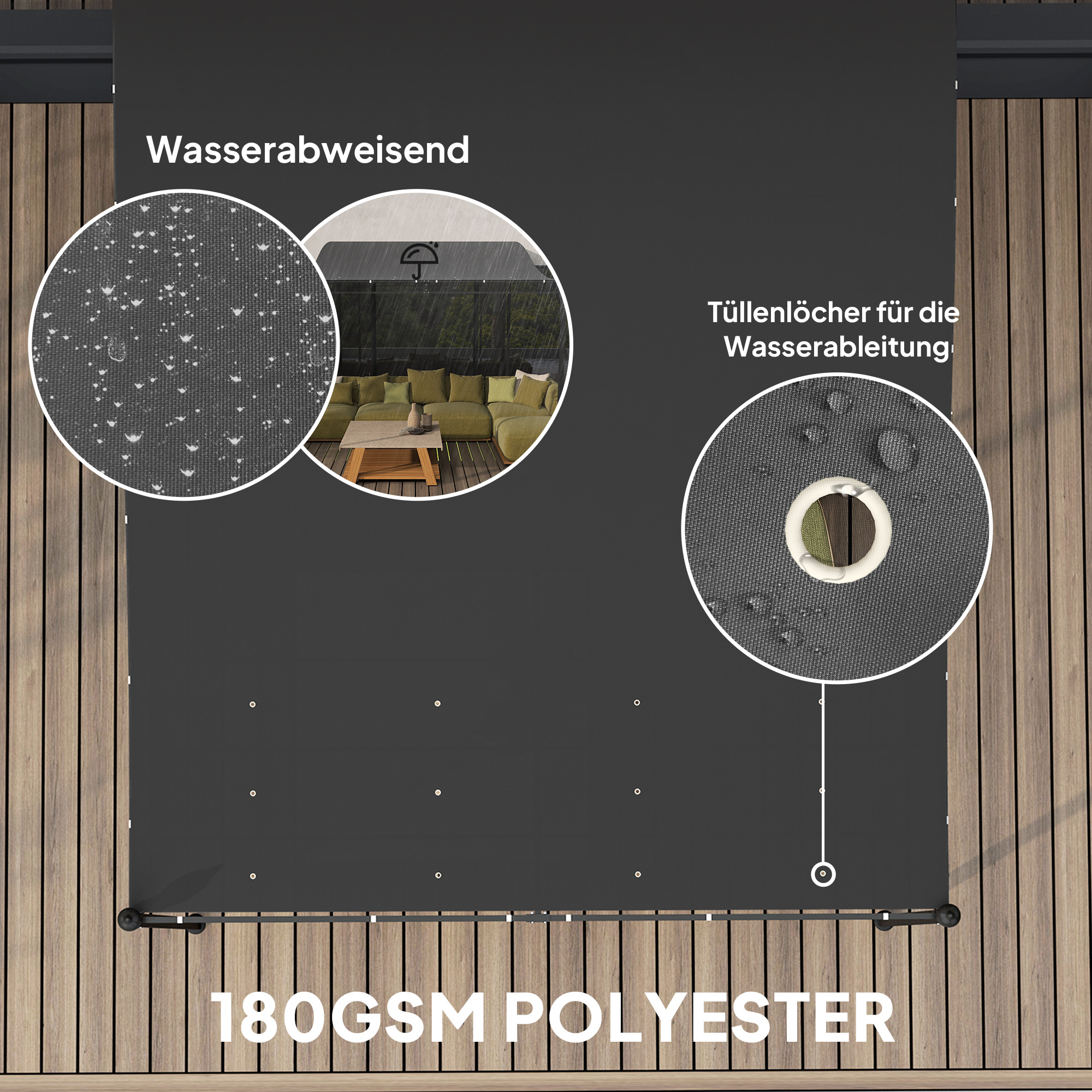Nahaufnahme eines schwarzen Pavillondachs mit Wassertropfen sowie detaillierter Text zum Material.