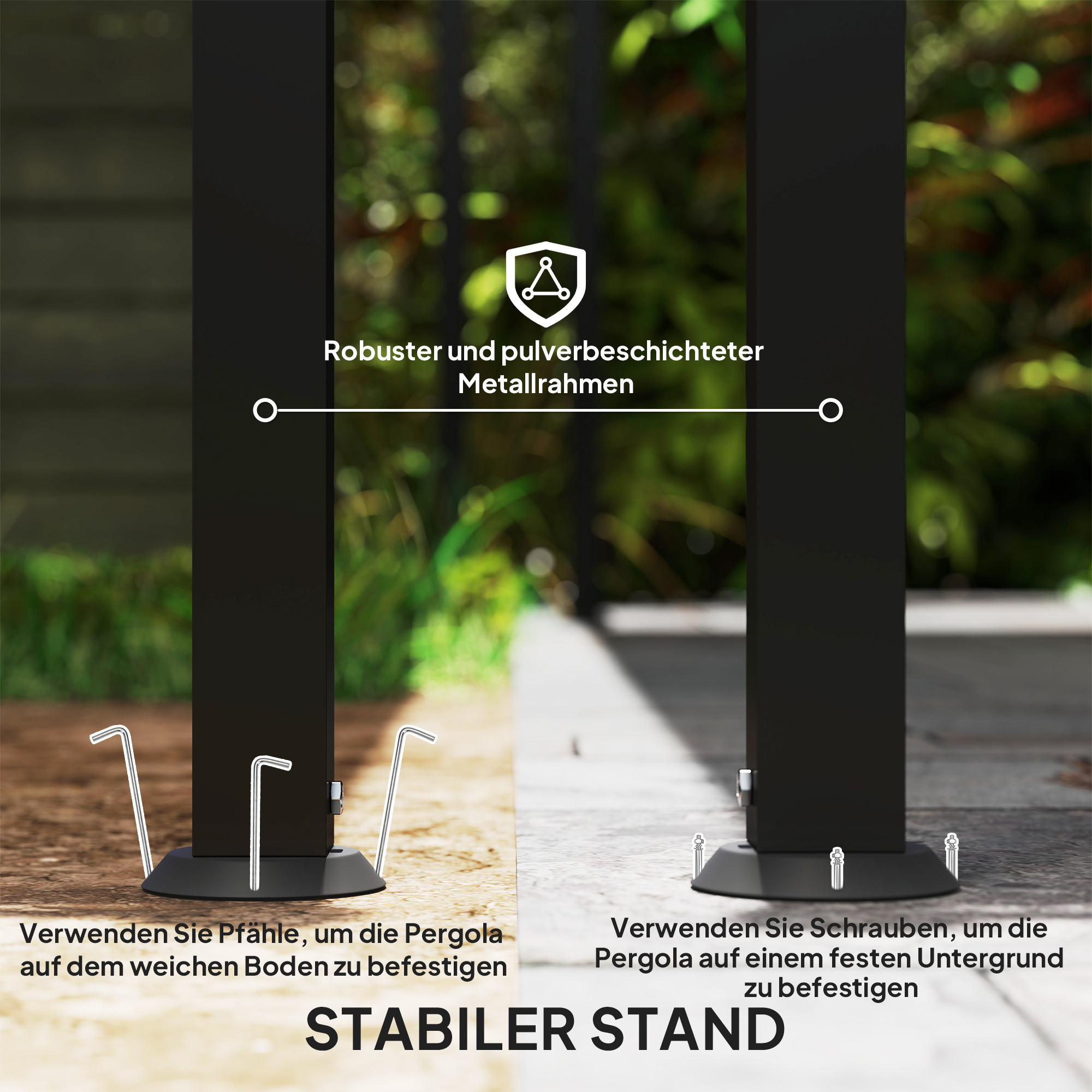 Zwei schwarze Pergola-Pfosten mit Text, der Methoden zum Befestigen auf weichem oder festem Boden vergleicht.