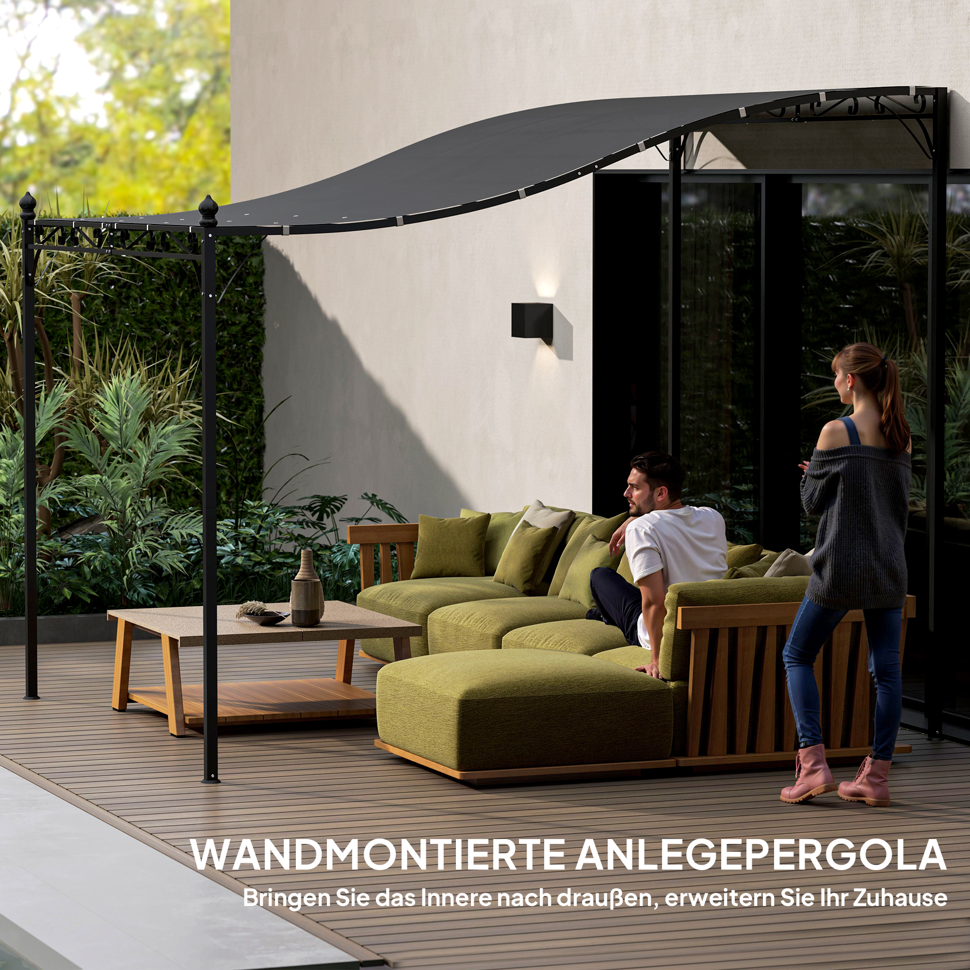 Personen unter einem schwarzen Pavillon mit grünen Sitzgelegenheiten. Der Text unten lautet: "WANDMONTAGE PERGOLA".