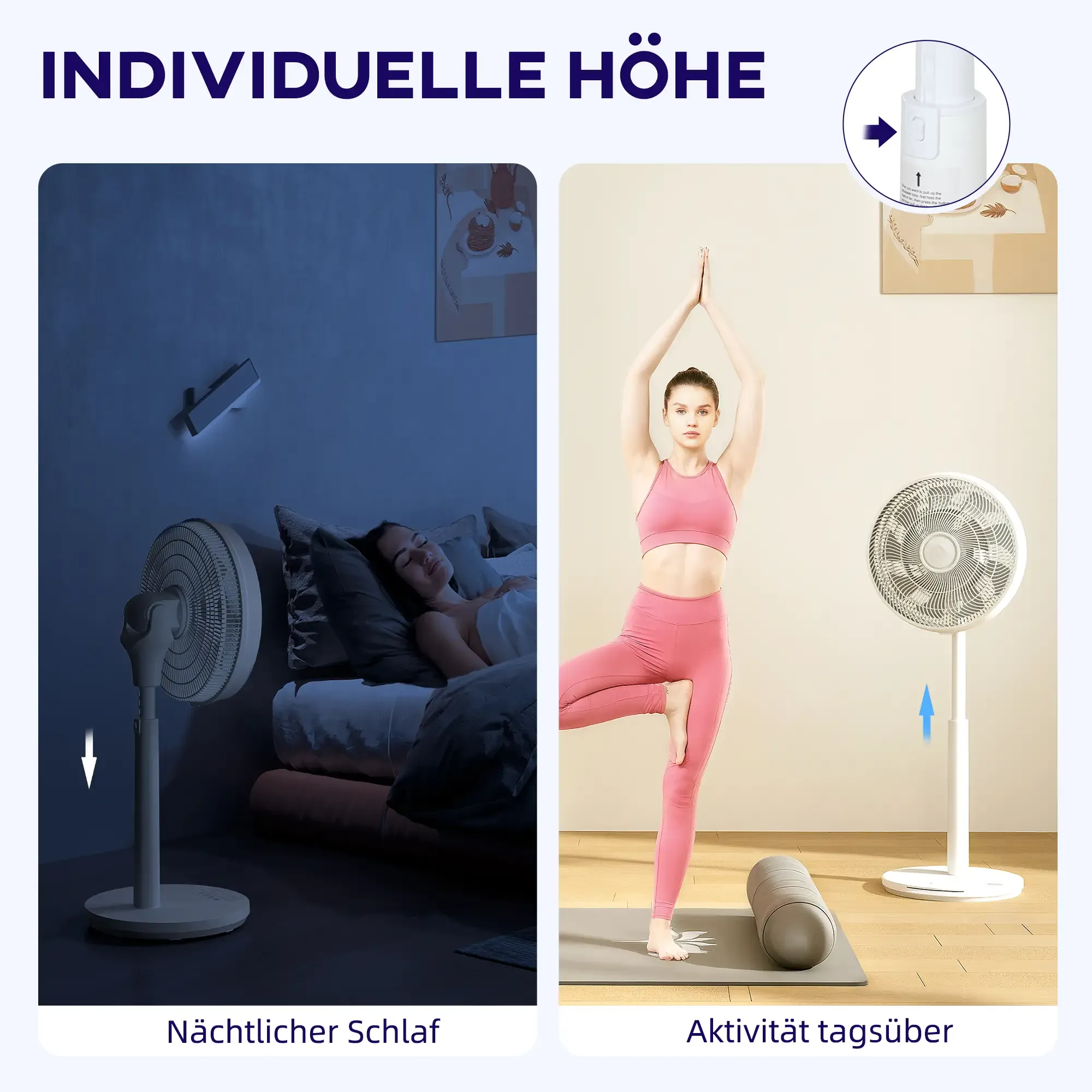 Bild zeigt Ventilator im Schlafzimmer und Yogaübende Frau. Text: 'Individuelle Höhe'.