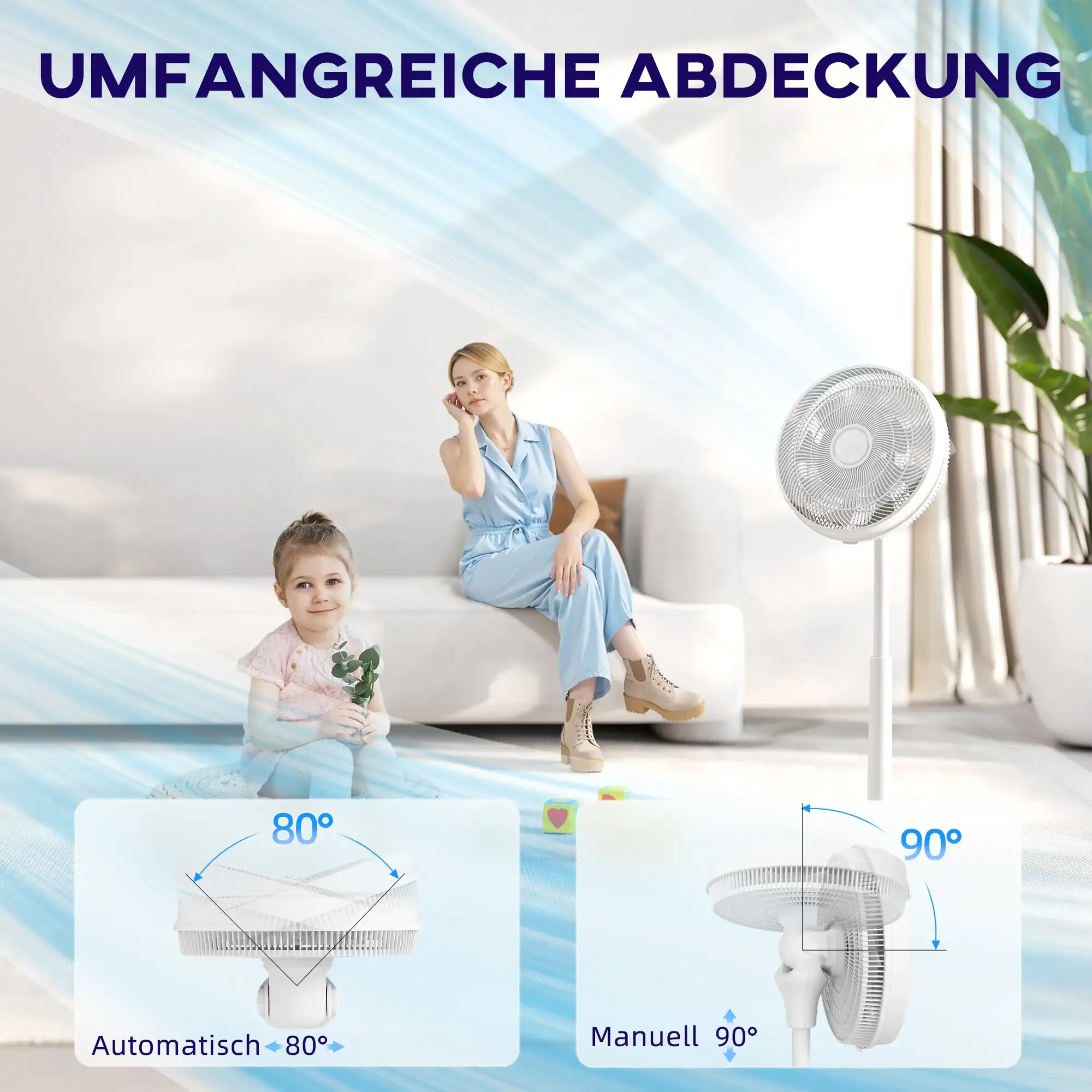 Eine Frau und ein Kind sitzen mit einem Ventilator in einem Wohnzimmer. Der Ventilator hat eine breite Abdeckung.