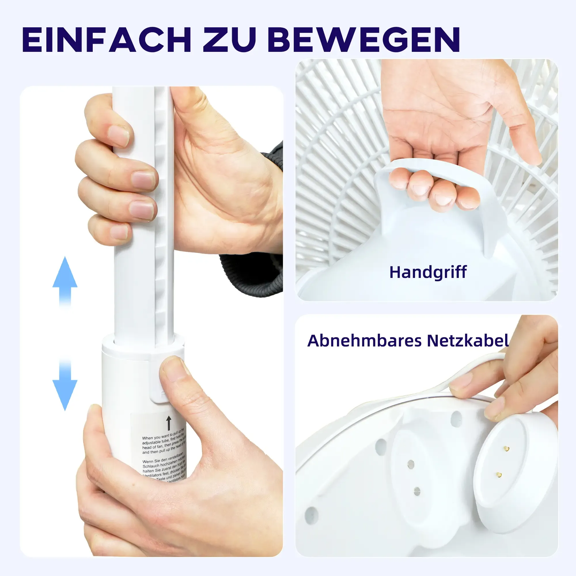 Ein Bild zeigt einen Ventilator und seine Teile. Deutscher Text weist auf einfache Bewegung und ein abnehmbares Kabel hin.