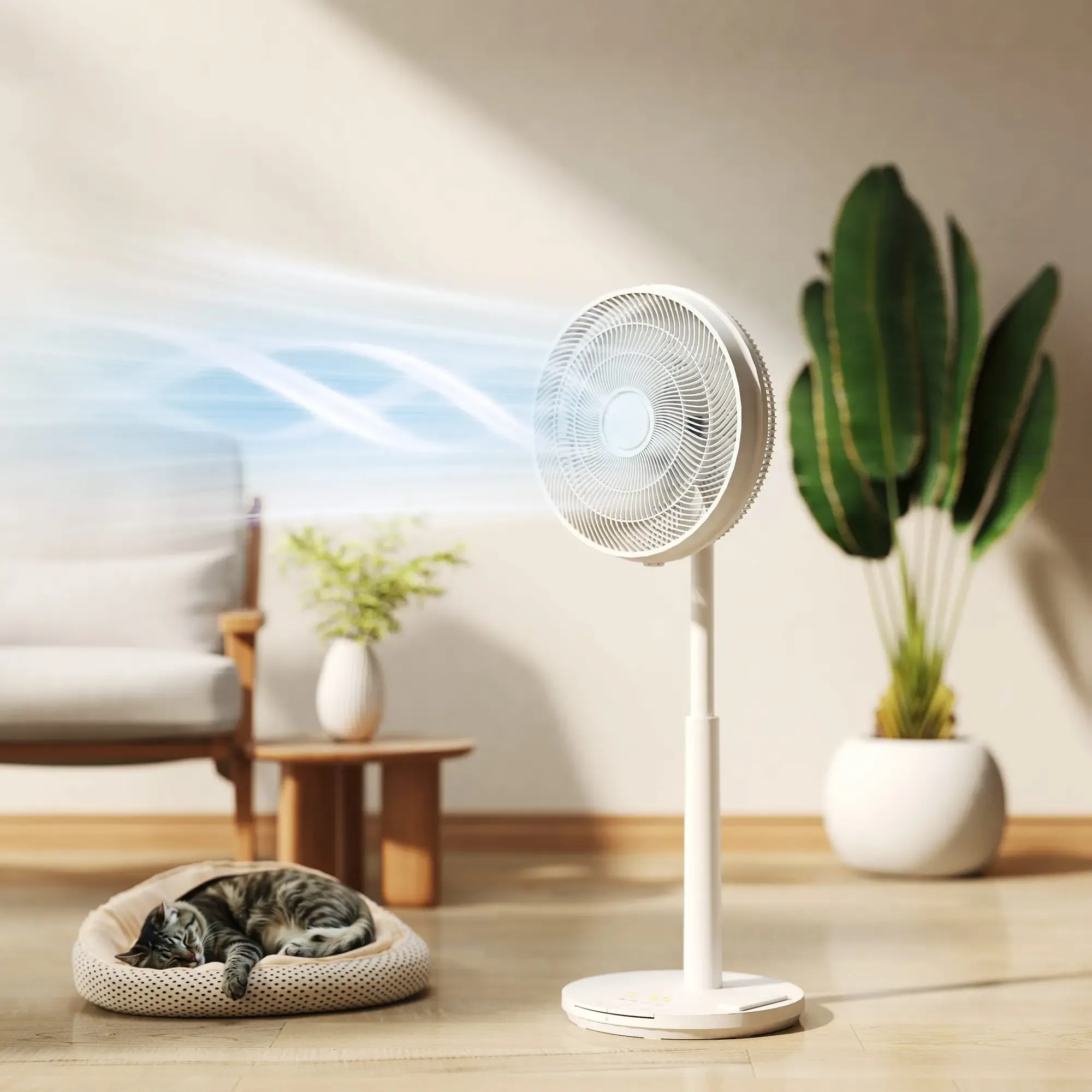 Ein weißer Ventilator ist in einem Raum. Eine Katze schläft in einem Bett. Text: 'umfangreiche Abdeckung'.