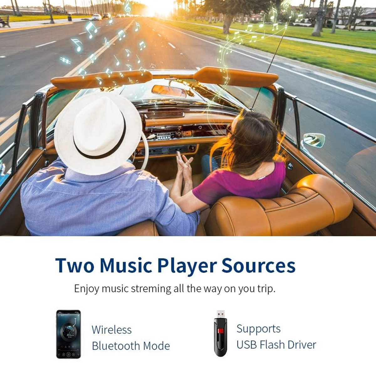 Ein Paar fährt in einem Oldtimer. Musiknoten schweben in der Luft. Text: Zwei Musikplayer-Quellen.