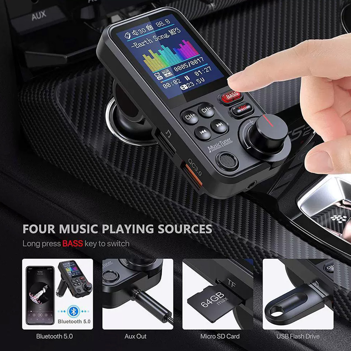 Ein Auto-Musikplayer mit Bildschirm. Zeigt Bluetooth, Aux, Micro-SD-Karte und USB-Flash-Laufwerk.