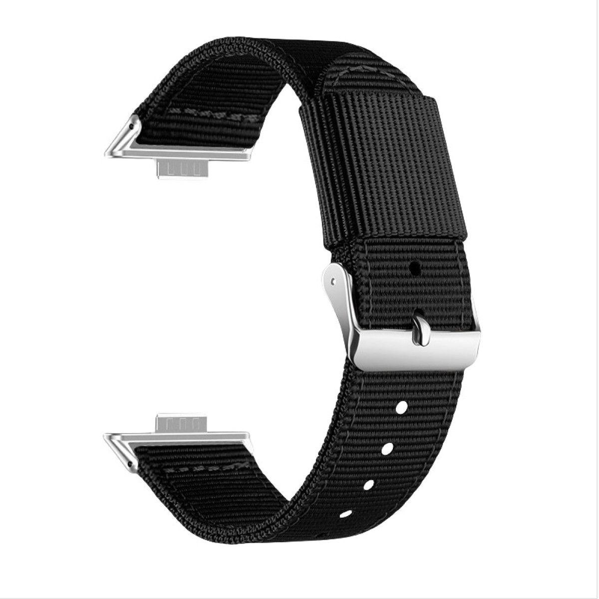 Nahaufnahme eines schwarzen Uhrenarmbands mit silberner Schnalle. Das Armband besteht aus gewebtem Stoff.