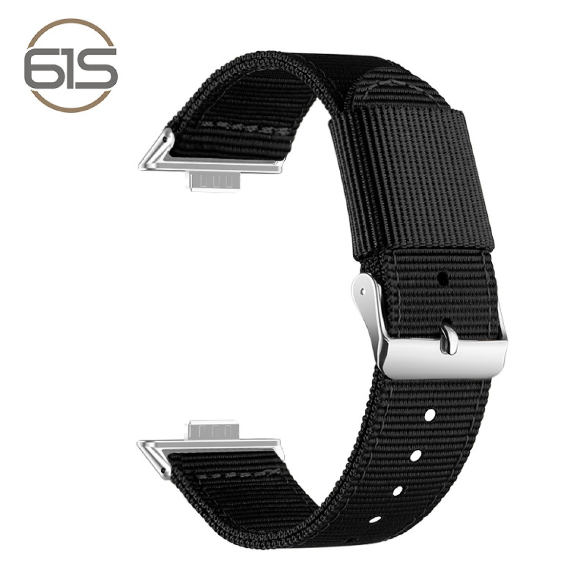 Nahaufnahme eines schwarzen Uhrenarmbands mit silberner Schnalle. Das Armband besteht aus gewebtem Stoff.