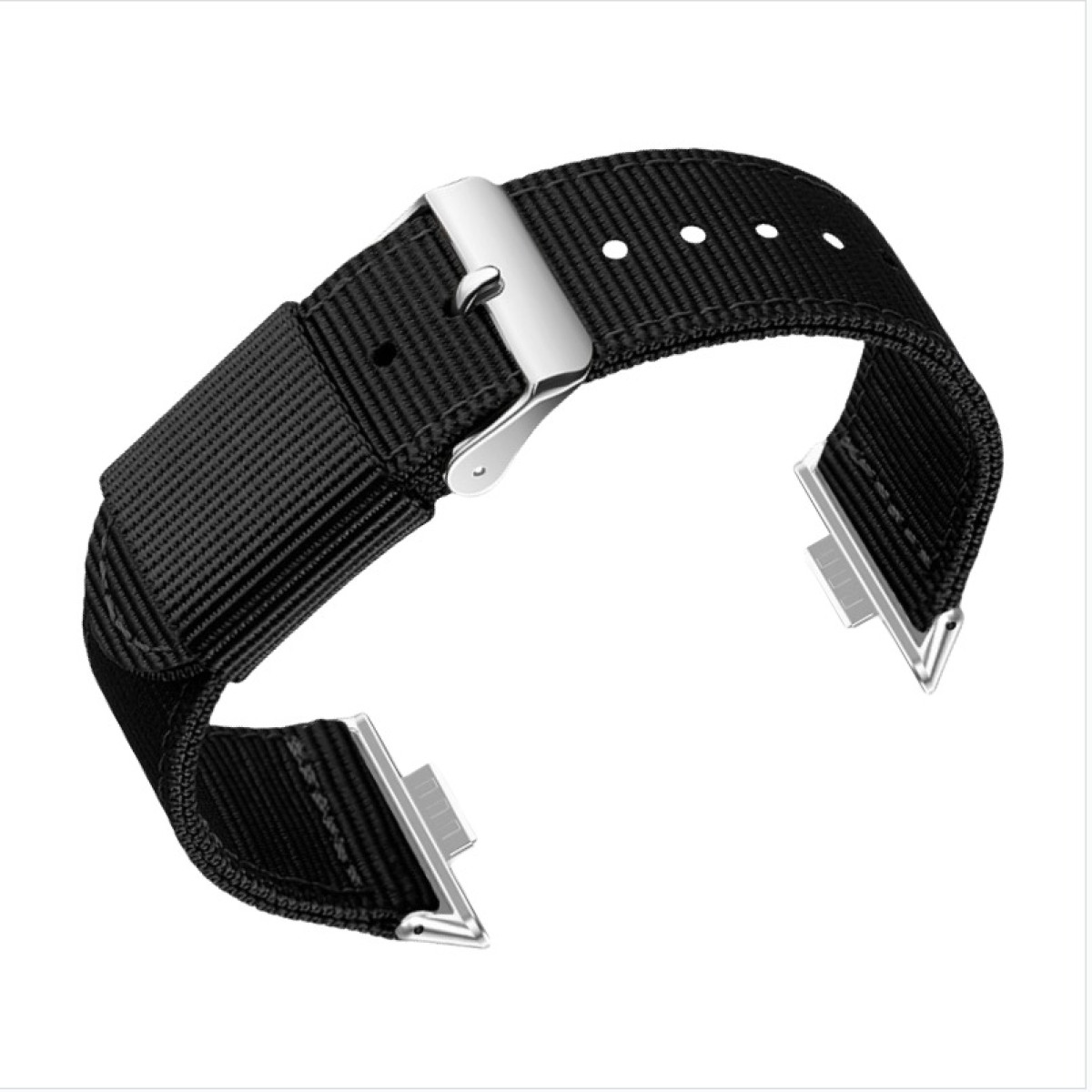 Ein schwarzes Uhrenarmband mit silberner Schnalle. Das Armband besteht aus gewebtem Material.