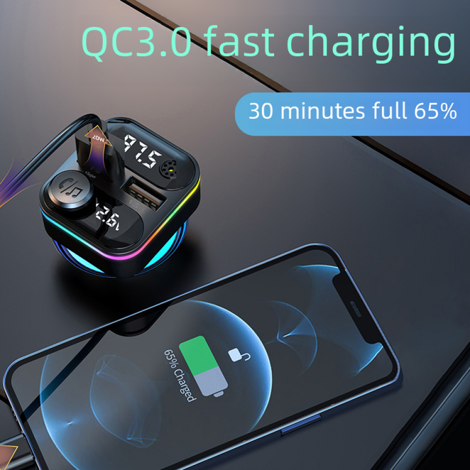 Autoladegerät lädt ein Telefon auf. Anzeigen zeigen Radiofrequenz, Spannung und Ladestatus. Text: 'QC3.0 Schnellladung'.