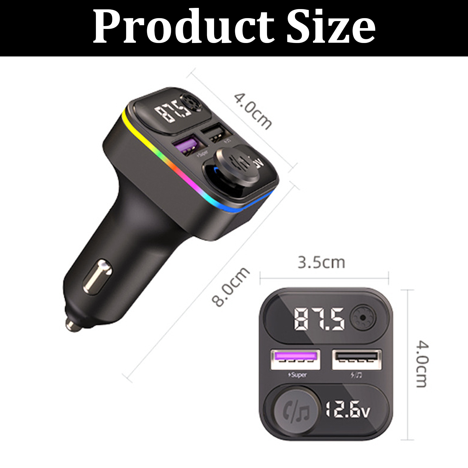 Autoladegerät mit Abmessungen. Zeigt ein schwarzes Ladegerät mit Display, USB-Anschlüssen und einem Bedienknopf.