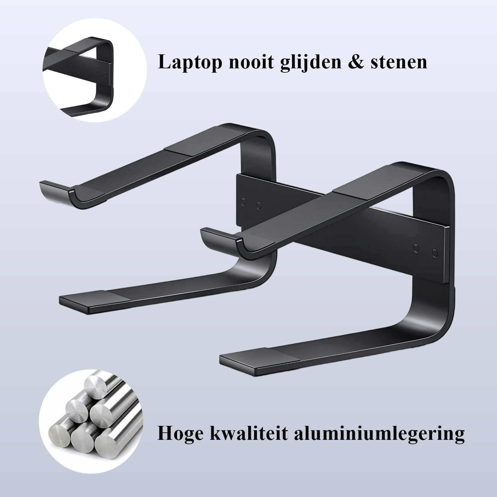 Zwei schwarze Laptopständer mit niederländischem Text und eine Nahaufnahme von Metallstäben.