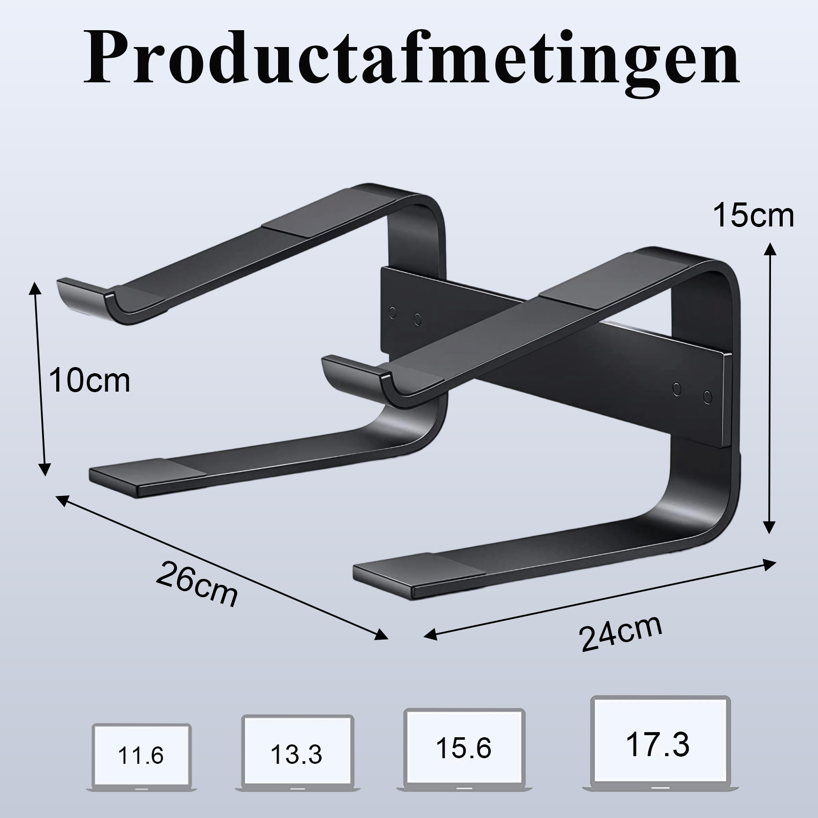 Ein schwarzer Laptop-Ständer mit Maßangaben. Der Ständer hat gebogene Stützen und eine horizontale Oberseite.