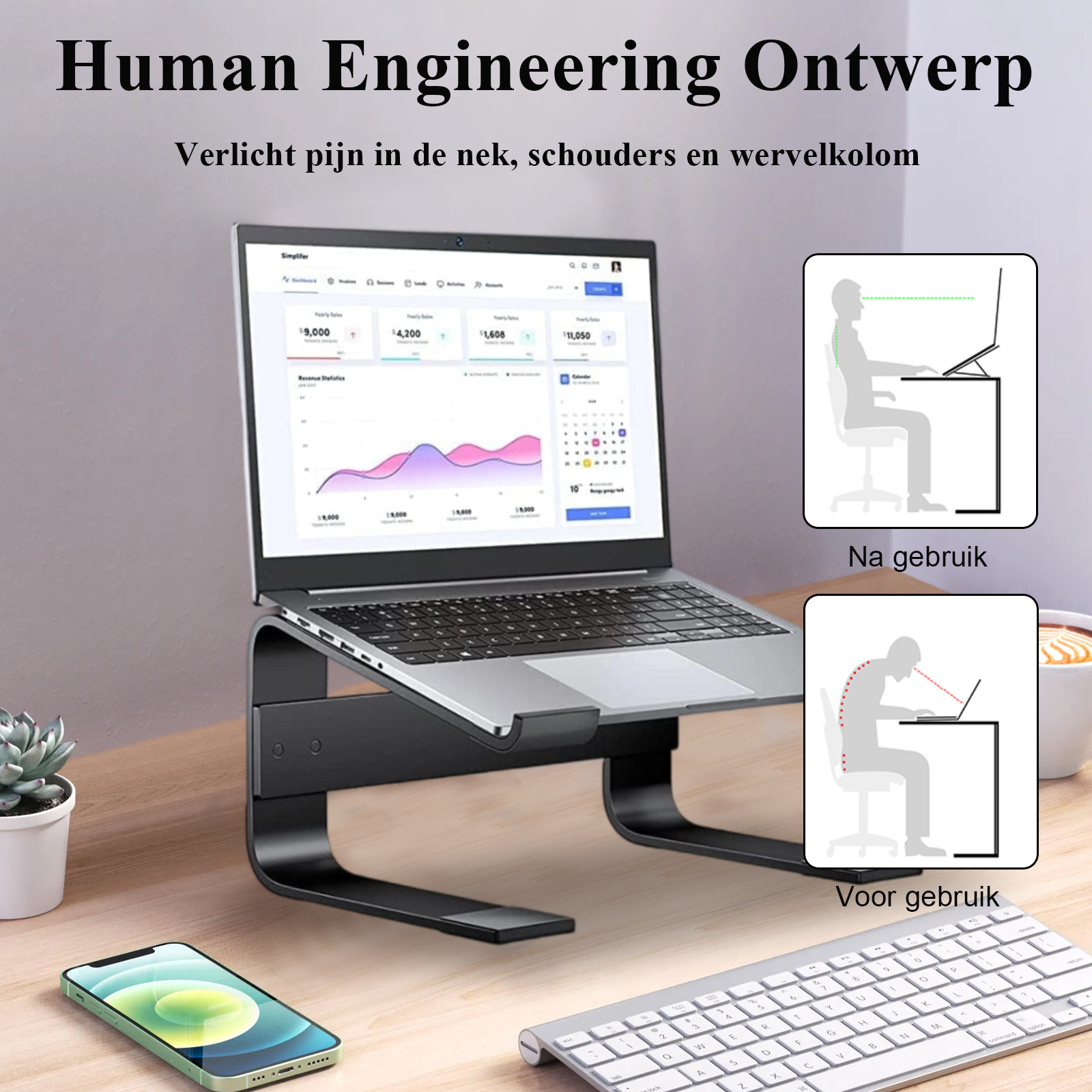 Ein Laptop auf einem schwarzen Ständer mit Haltungsdiagrammen, plus Telefon und Tastatur.