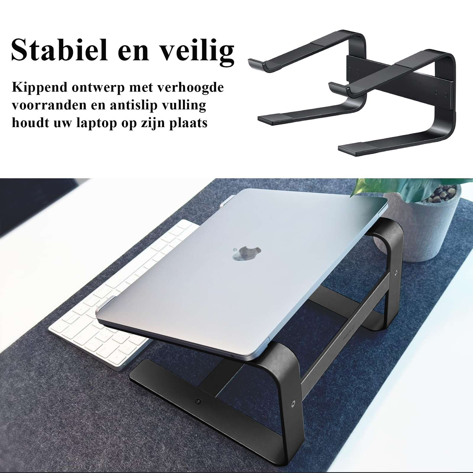 Laptop auf einem schwarzen Ständer. Text besagt, dass der Ständer stabil und sicher ist, mit Anti-Rutsch-Design.