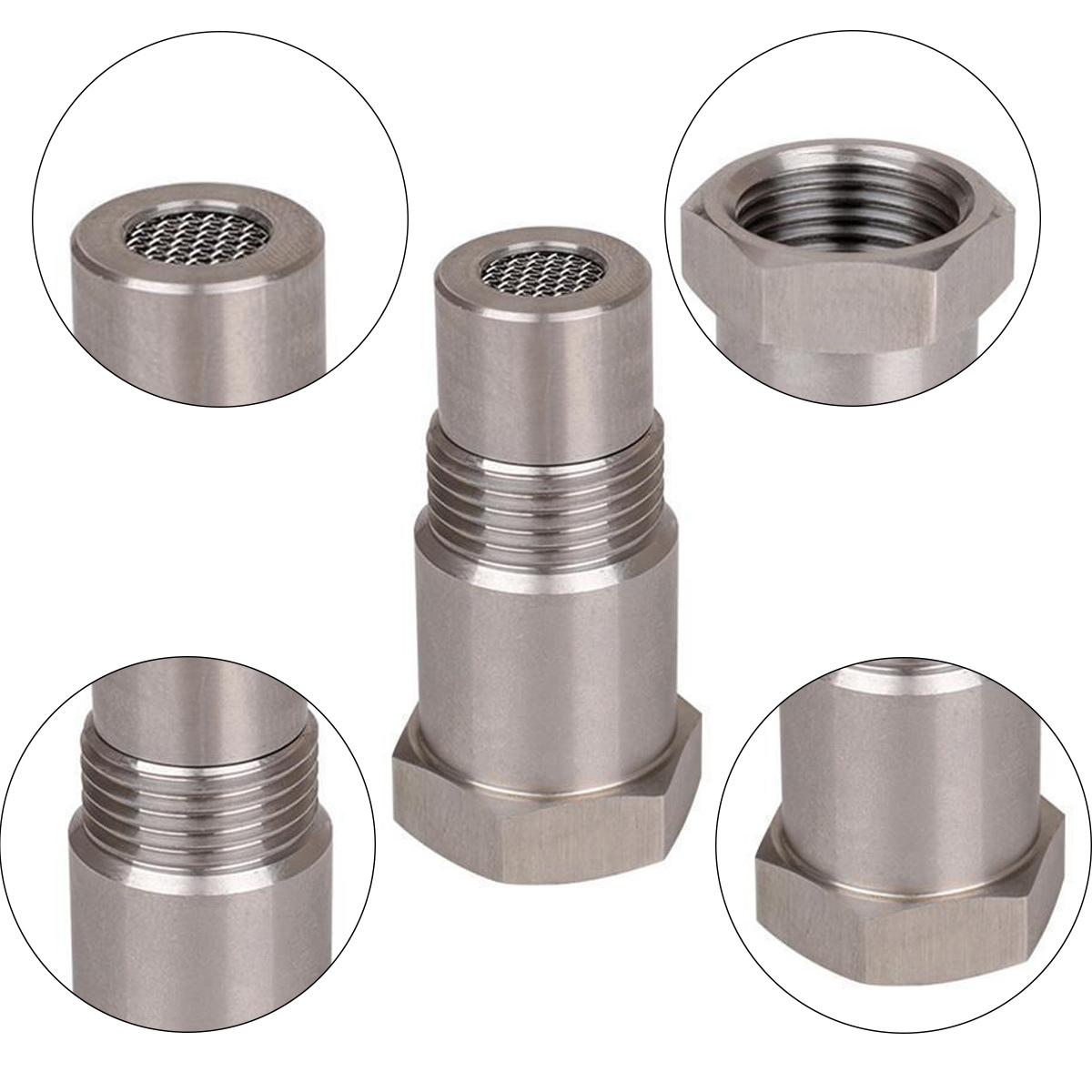 Metallzylinder mit Mesh-Filter und Gewindeenden, in mehreren Nahaufnahmen gezeigt.