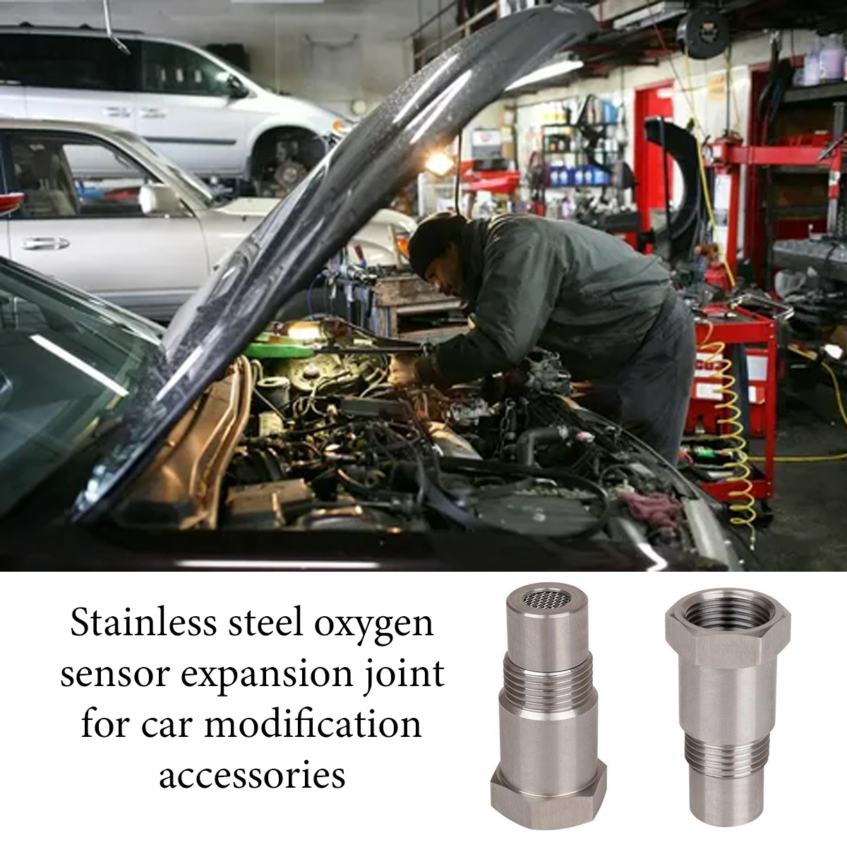 Ein Mechaniker arbeitet an einem Automotor, mit einem Text-Overlay über Sauerstoffsensoren.