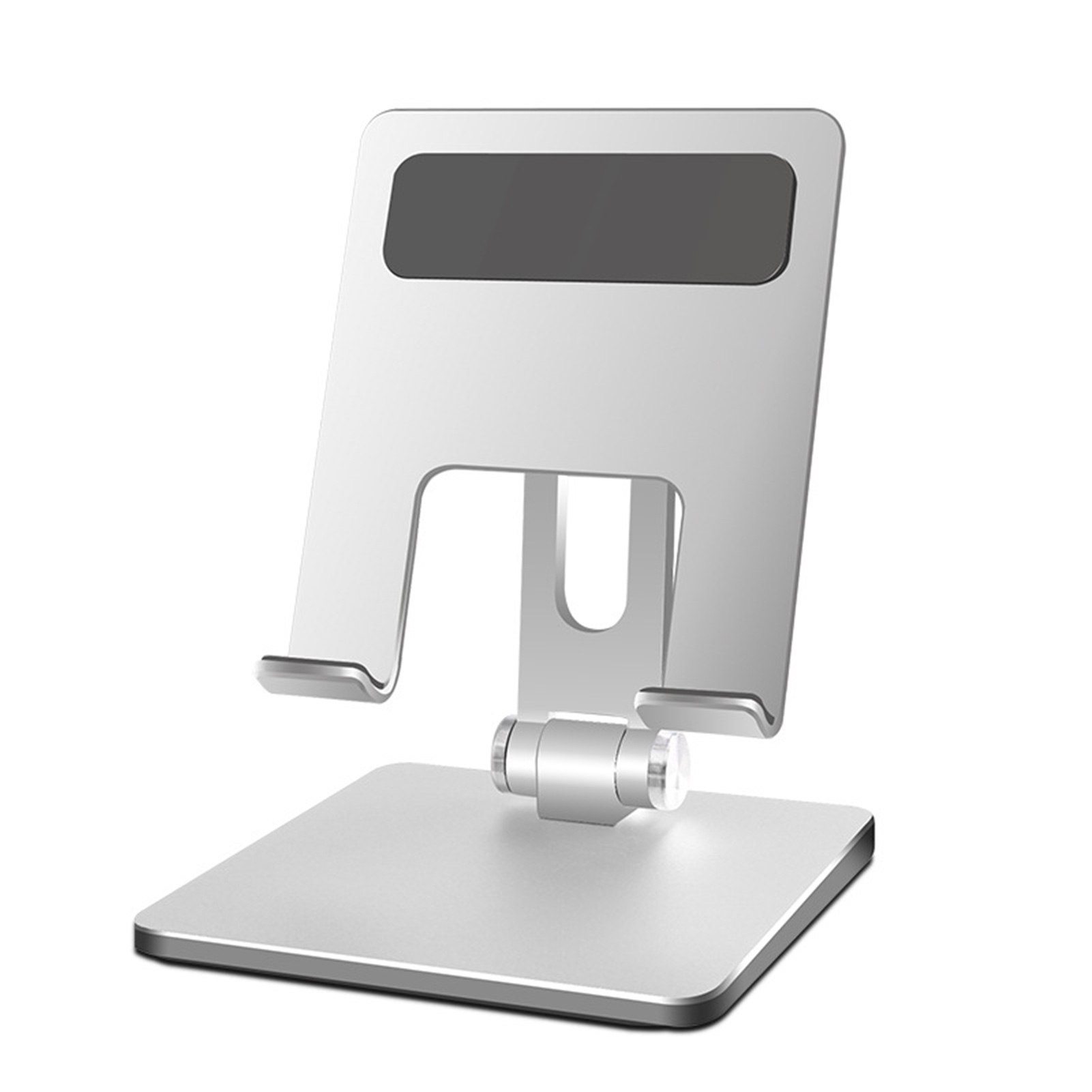 Silberner Tablet-Ständer. Er hat eine Basis, eine zentrale Stütze und einen oberen Abschnitt. Weißer Hintergrund.