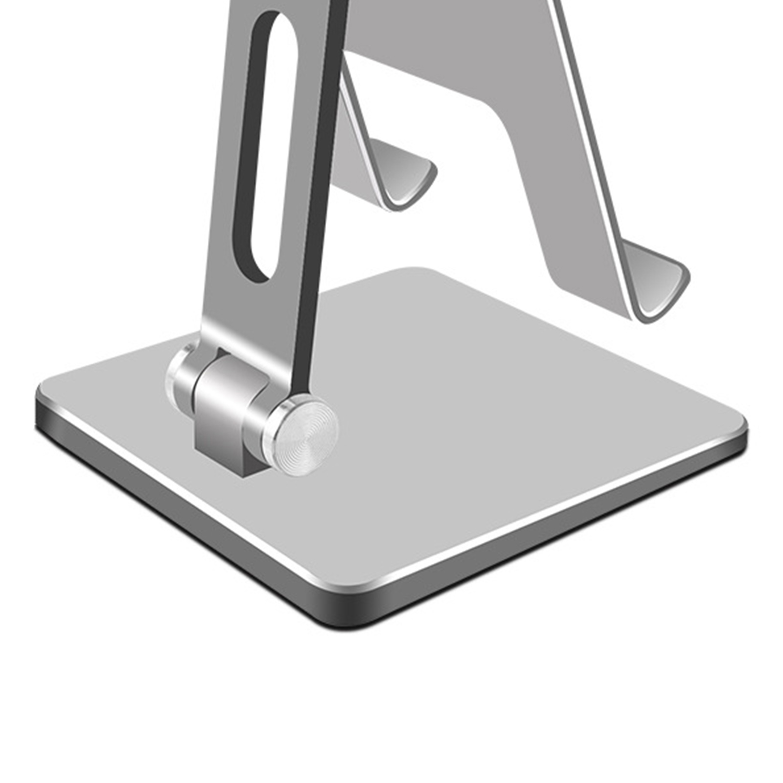 Silberner Tablet-Ständer. Er hat eine Basis, eine zentrale Stütze und einen oberen Abschnitt. Weißer Hintergrund.