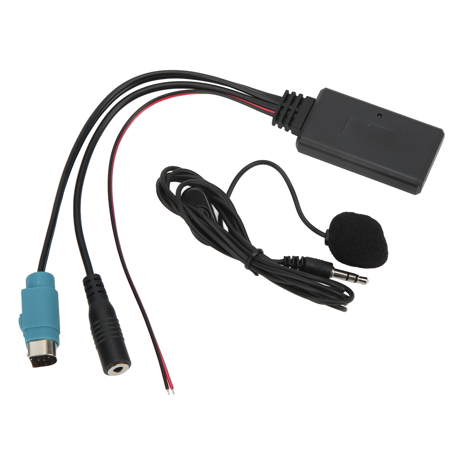 Schwarzer Auto-Audio-Adapter mit Kabeln, Mikrofon und Anschlüssen auf weißem Hintergrund.