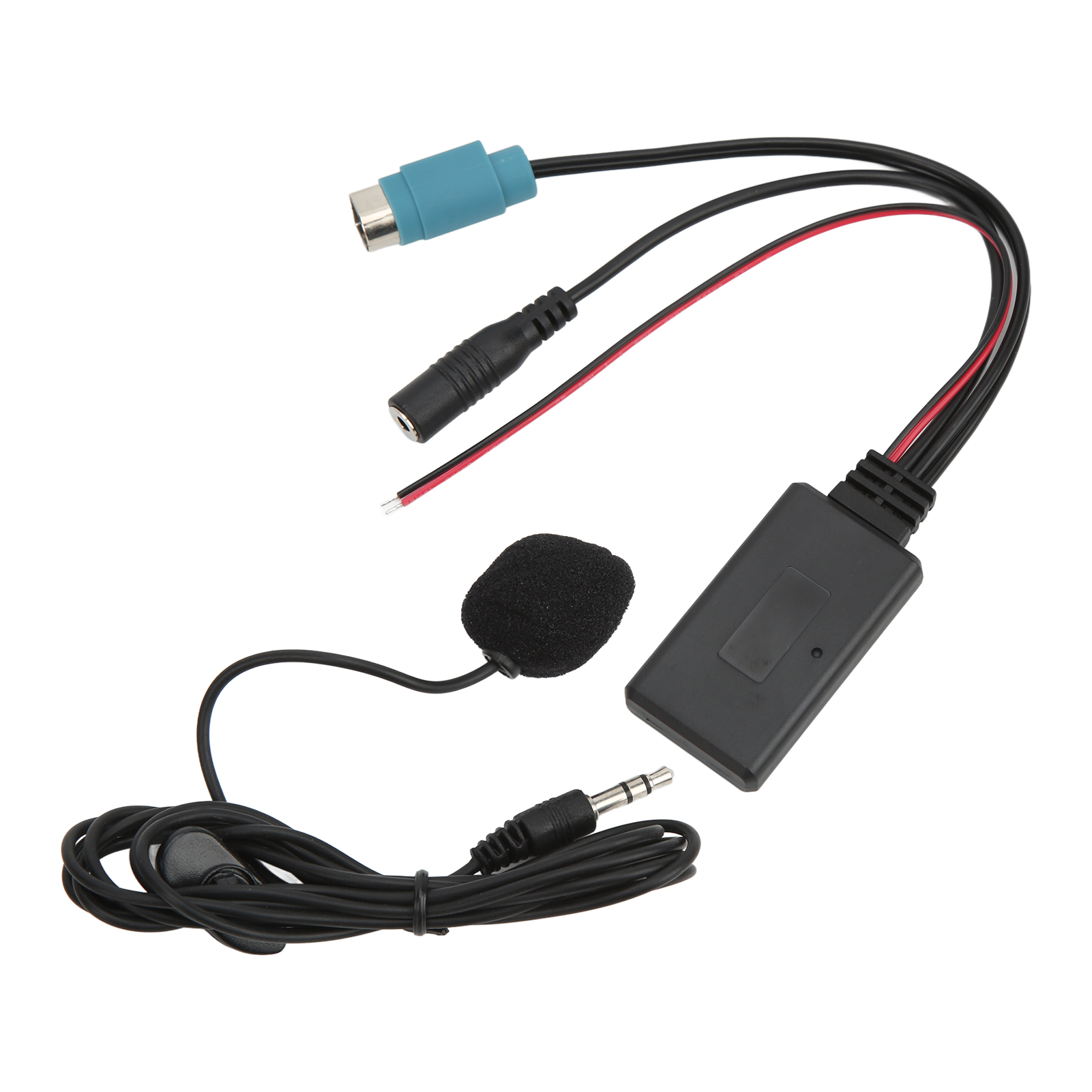 Schwarzer Auto-Audio-Adapter mit Kabeln, Mikrofon und Anschlüssen auf weißem Hintergrund.