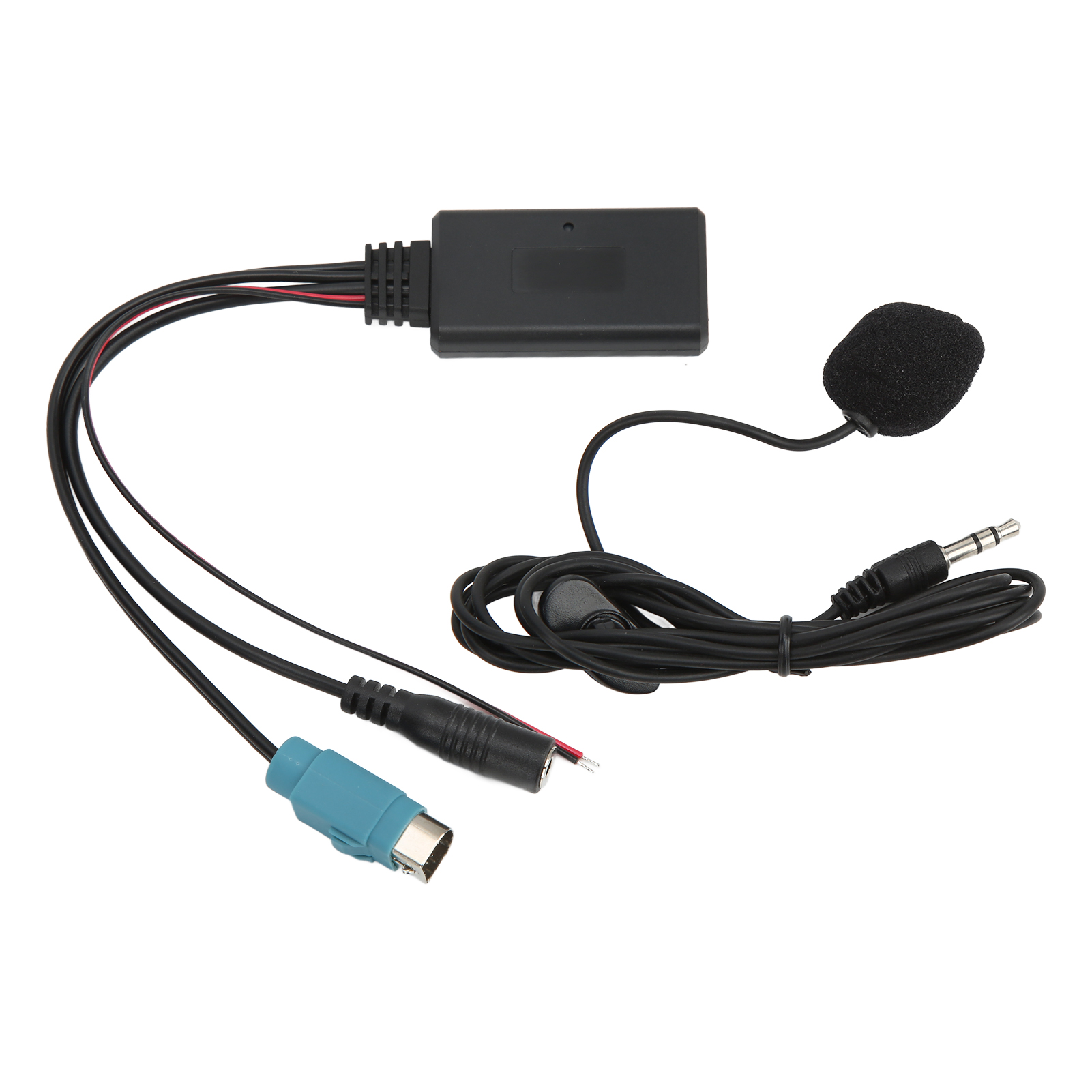 Schwarzer Auto-Audio-Adapter mit Kabeln, Mikrofon und Anschlüssen auf weißem Hintergrund.