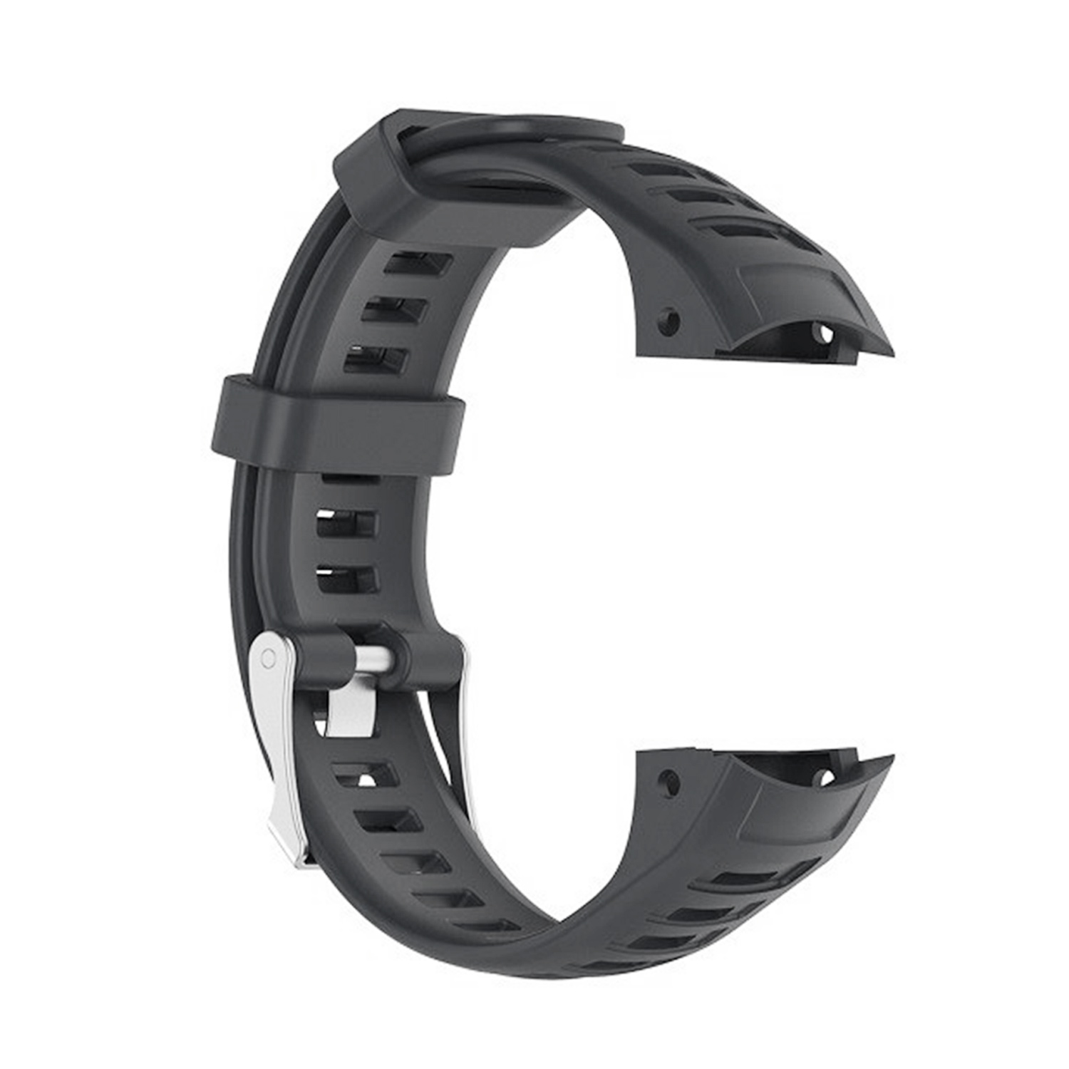 Ein schwarzes Uhrenarmband. Es ist gebogen und hat Schlitze zur Anpassung und einen Verschluss.