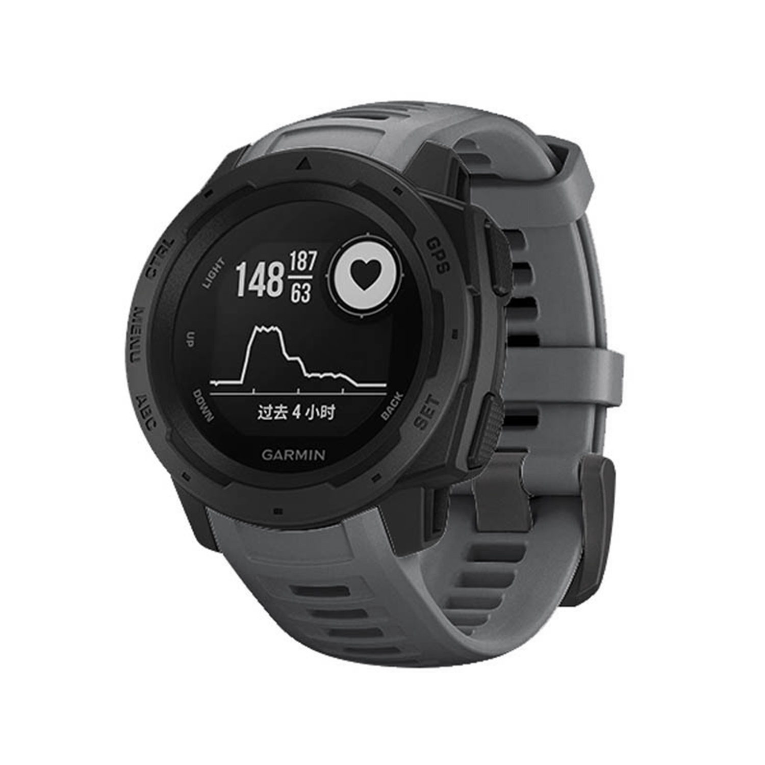Eine Garmin Smartwatch, die Herzfrequenz und Zeit anzeigt. Es hat ein schwarz-graues Farbschema.