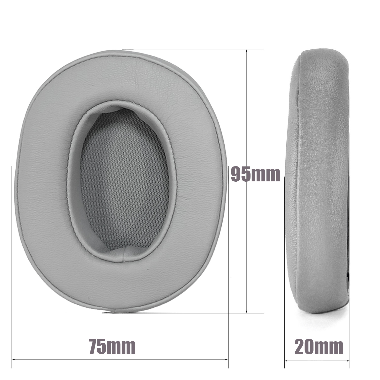Dwie szare poduszki na uszy z pomiarami, pokazujące wymiary 75 mm, 95 mm i 20 mm.