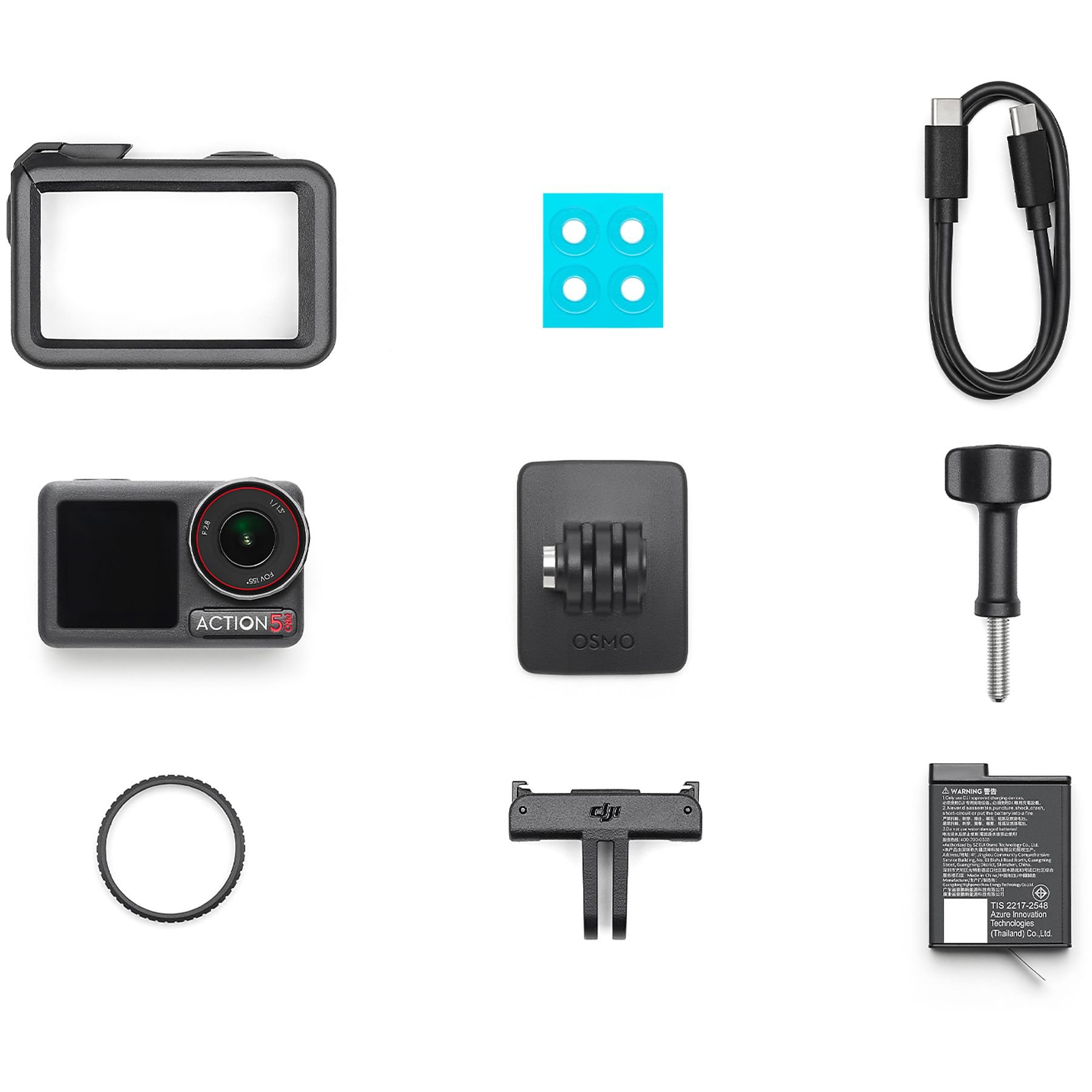 Accesorios de cámara DJI Osmo Action 3: marco, protector de lente, soporte, cable de carga y batería.